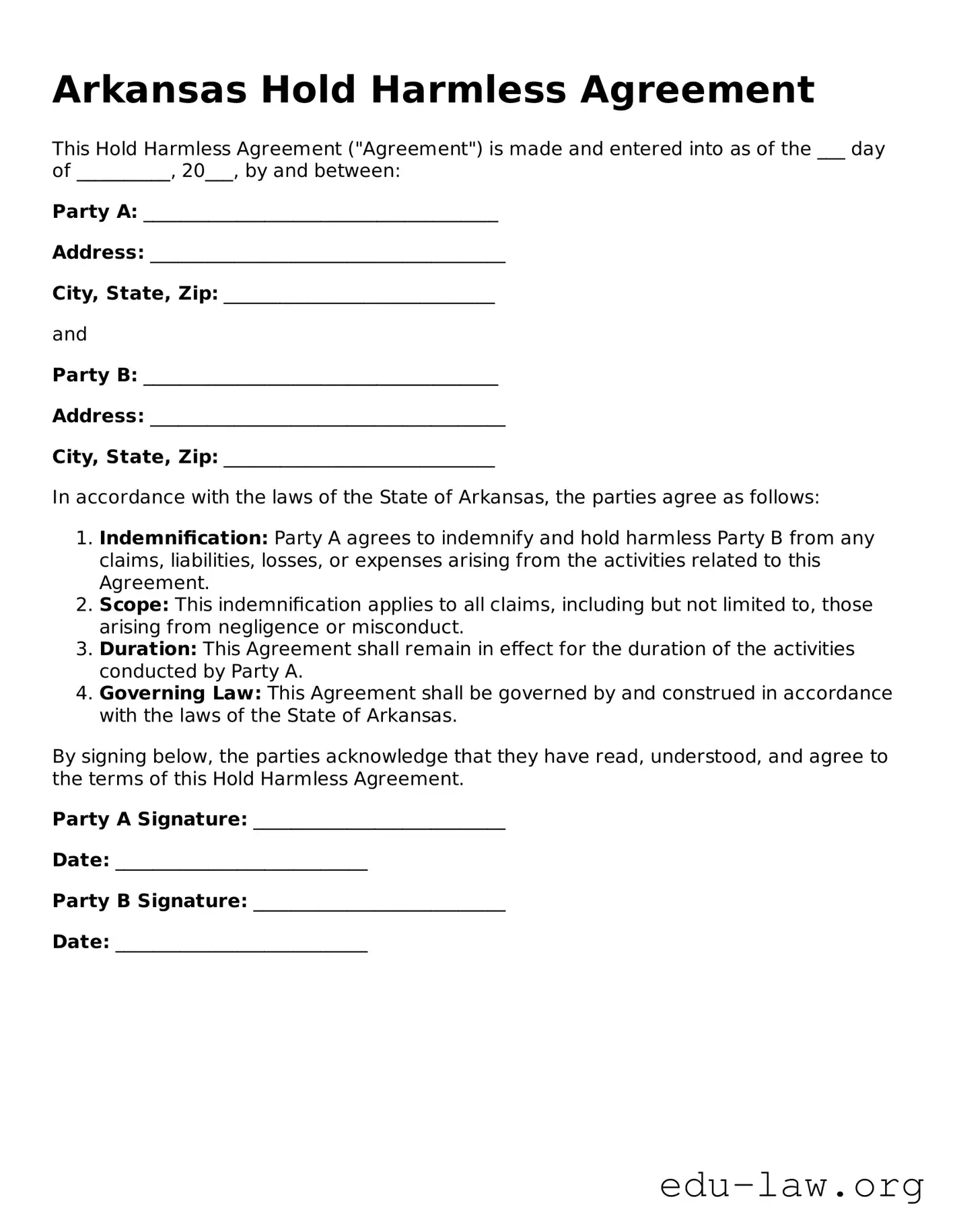 Legal  Hold Harmless Agreement Template for Arkansas