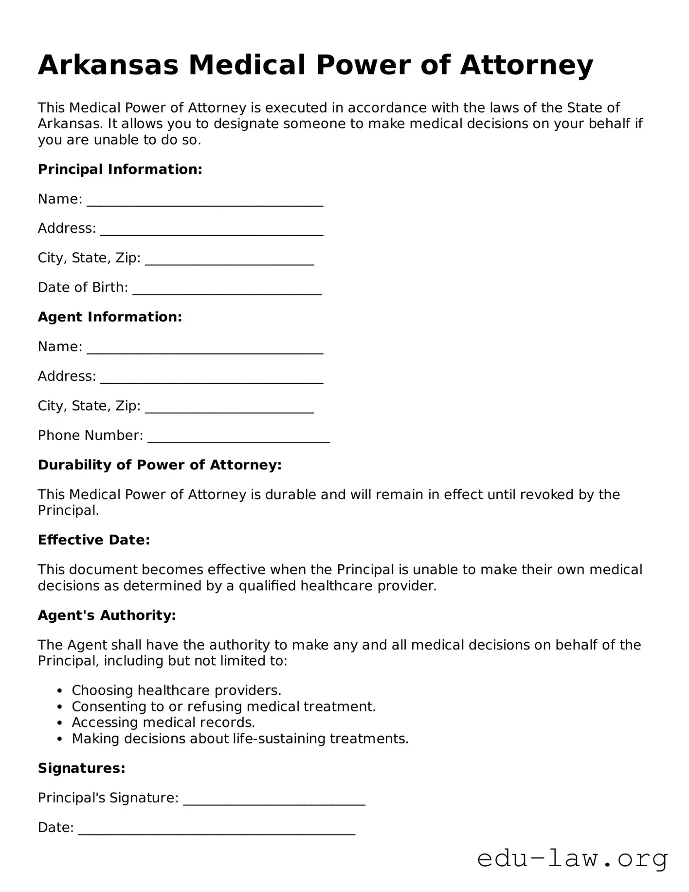 Legal  Medical Power of Attorney Template for Arkansas