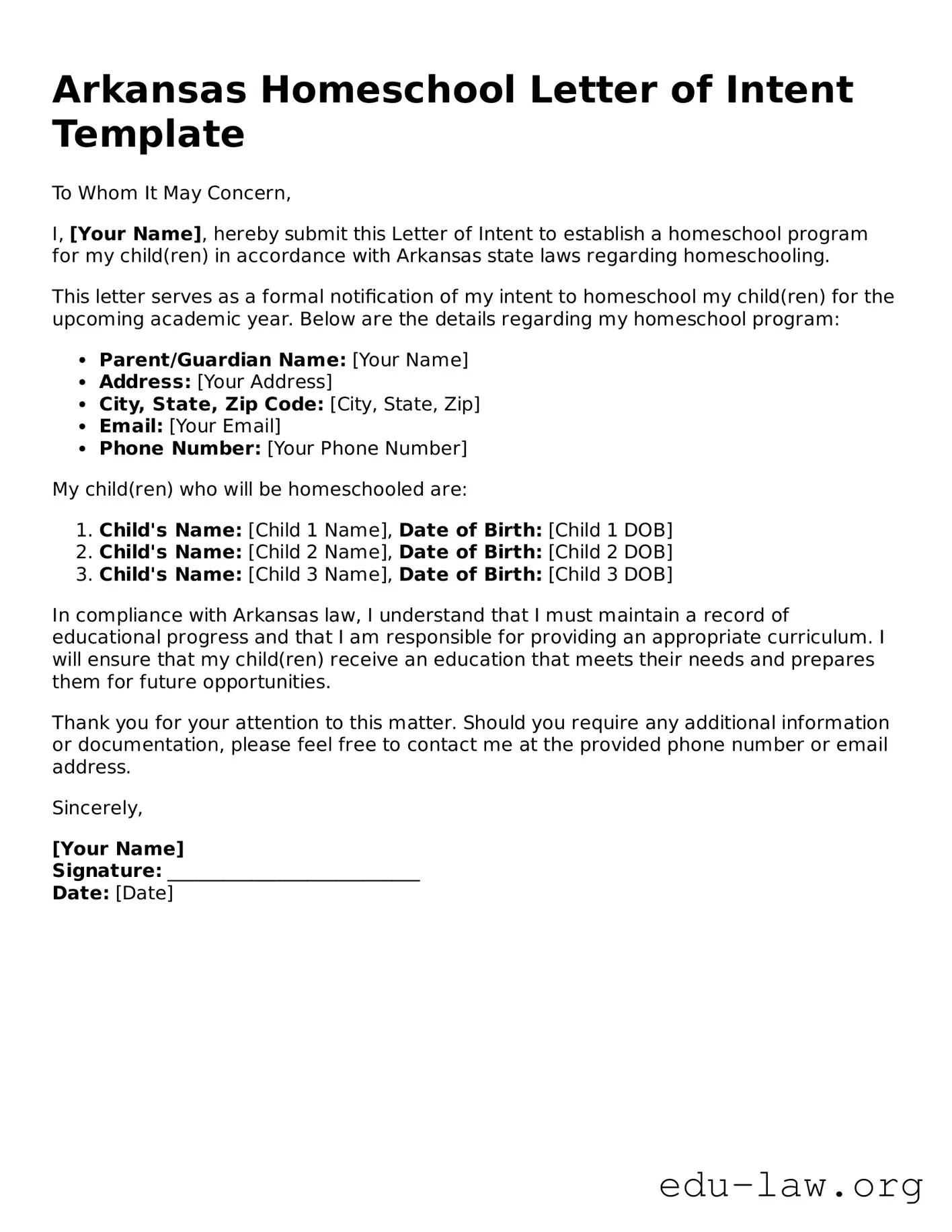 Legal  Homeschool Letter of Intent Template for Arkansas