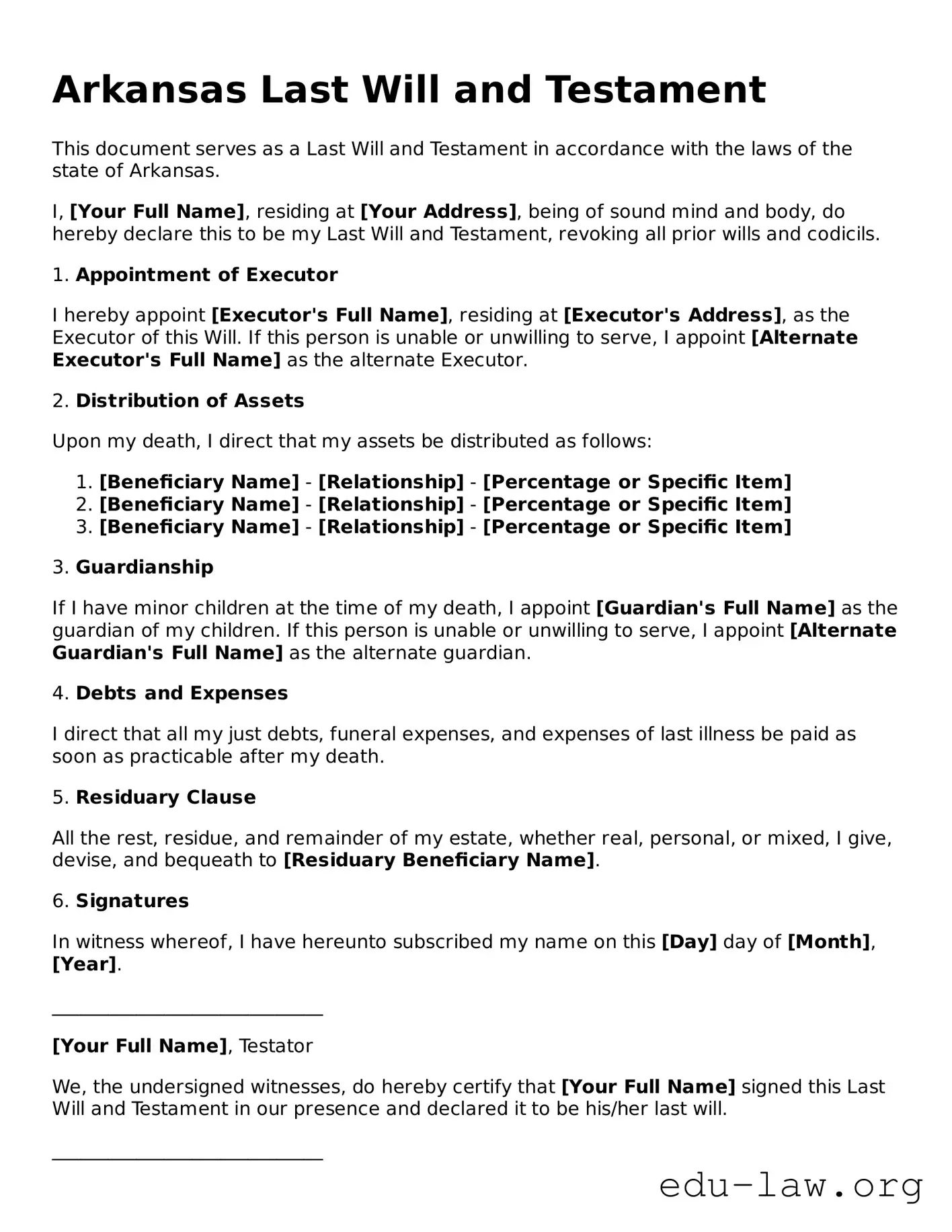 Legal  Last Will and Testament Template for Arkansas