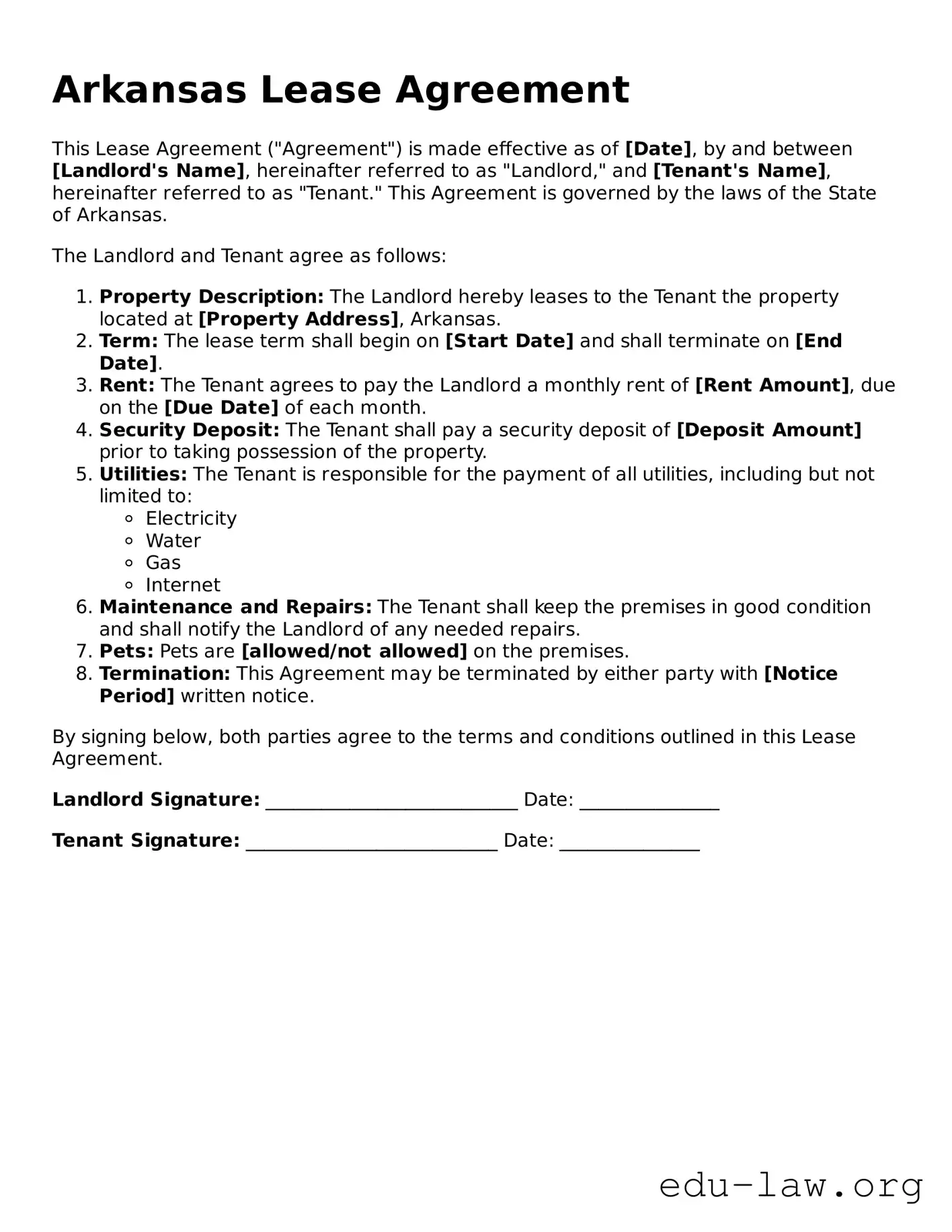 Legal  Lease Agreement Template for Arkansas