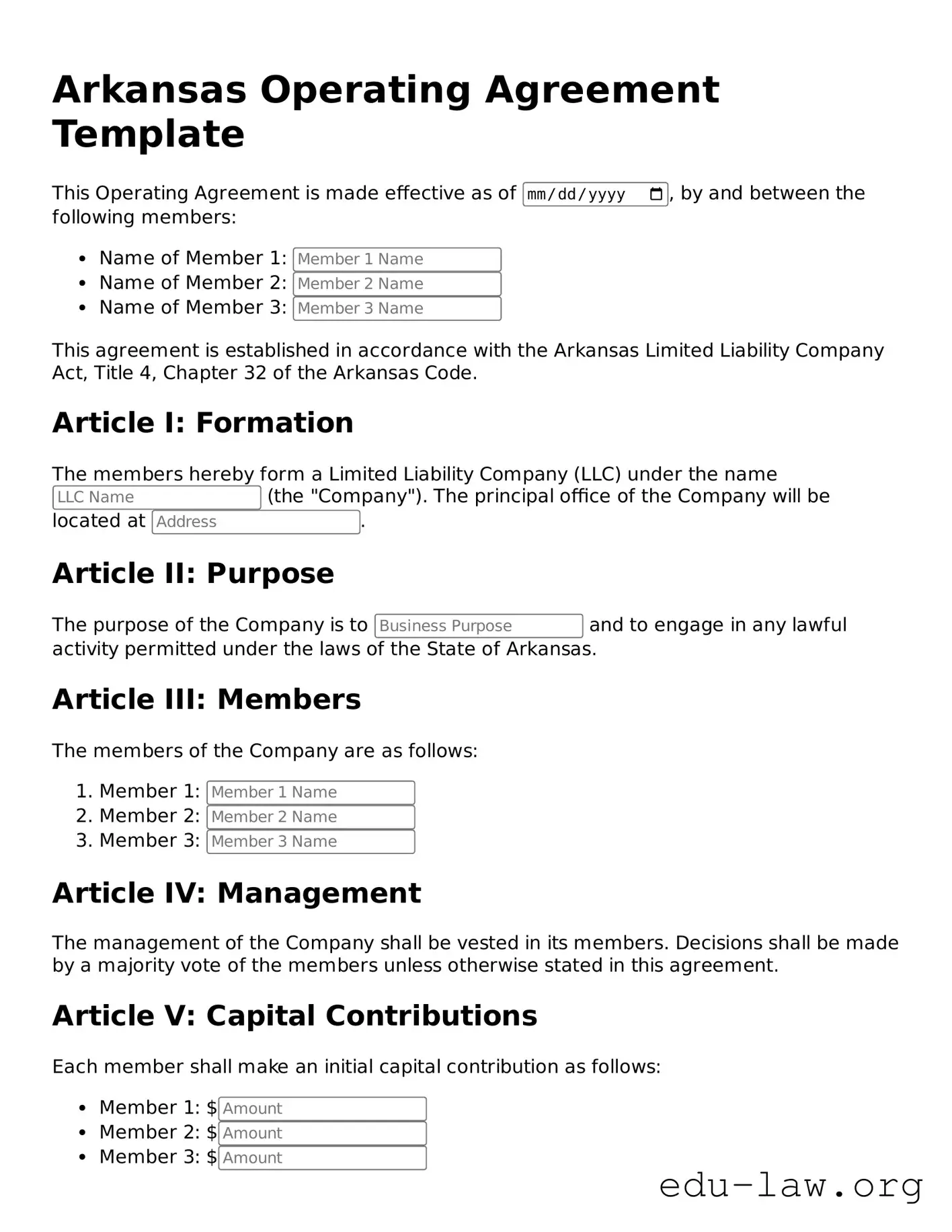 Legal  Operating Agreement Template for Arkansas