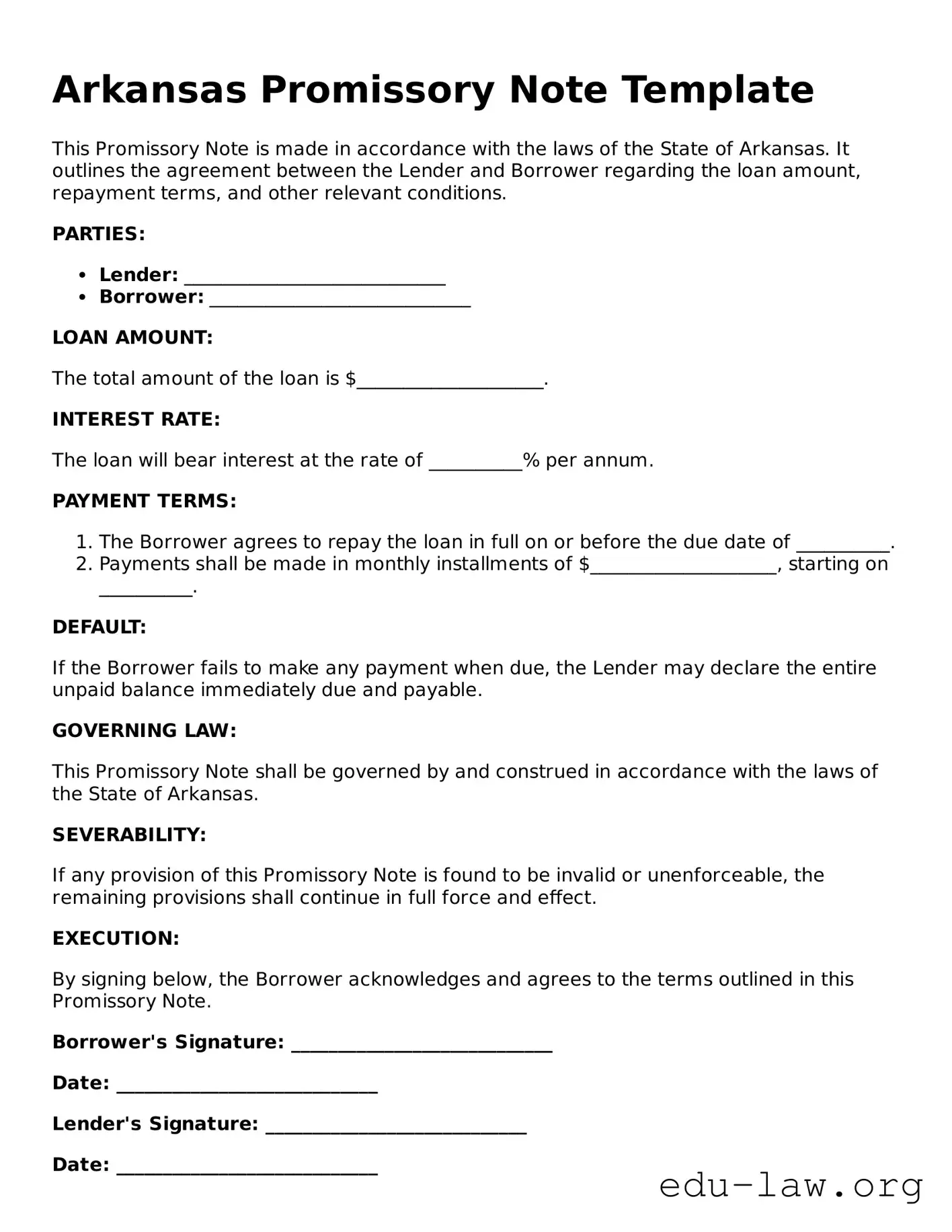 Legal  Promissory Note Template for Arkansas