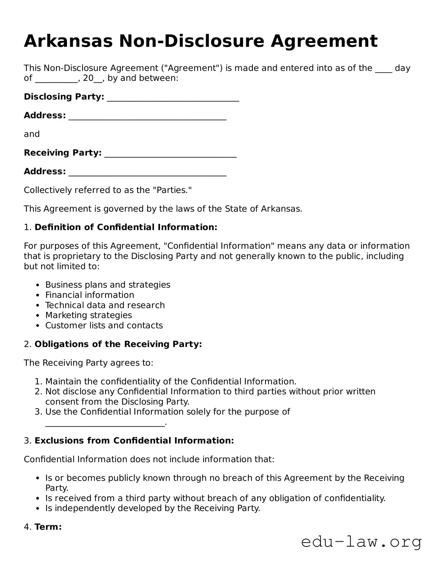 Legal  Non-disclosure Agreement Template for Arkansas