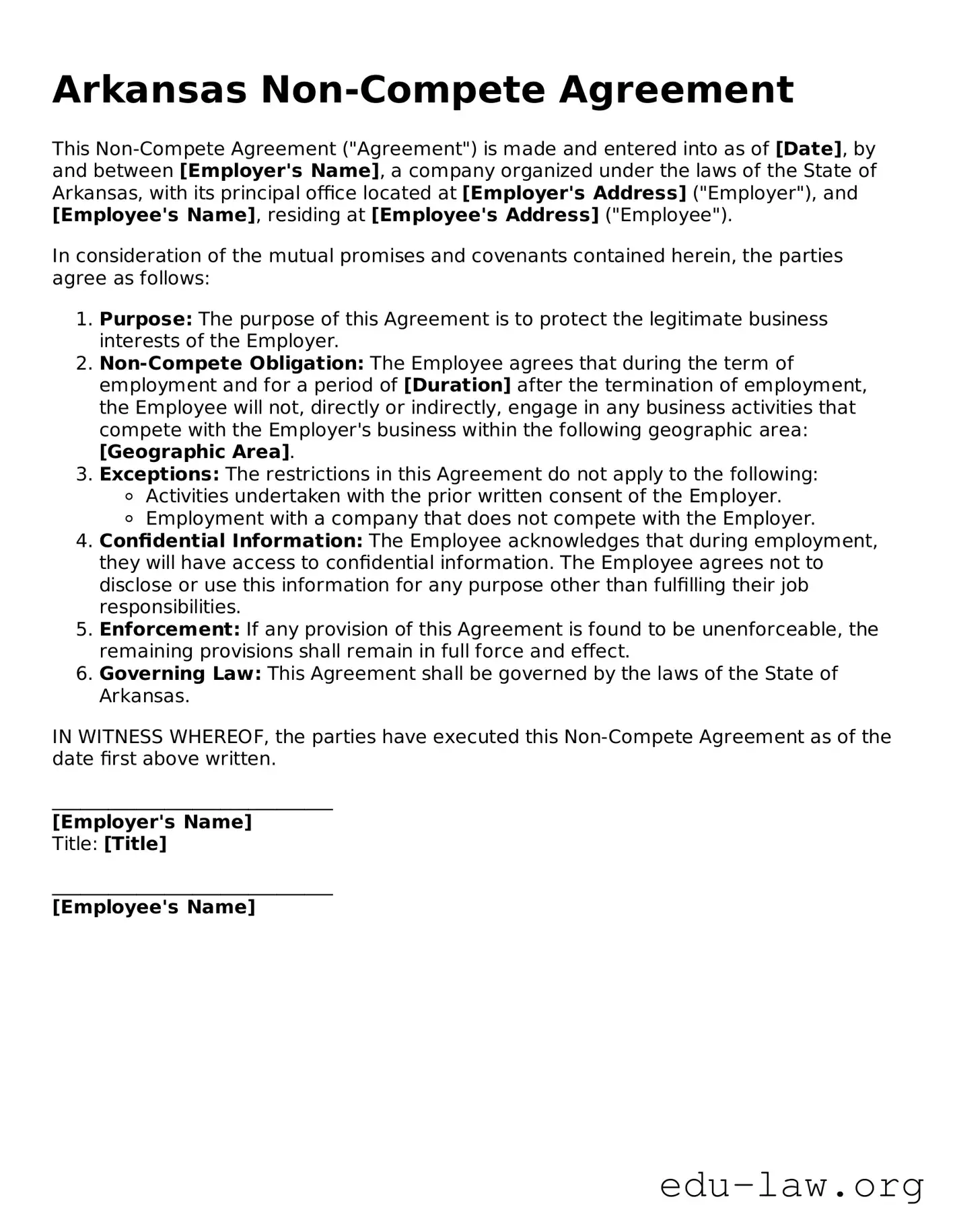 Legal  Non-compete Agreement Template for Arkansas