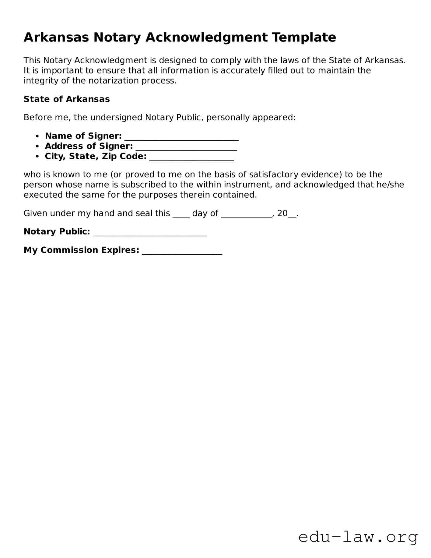 Legal  Notary Acknowledgement Template for Arkansas