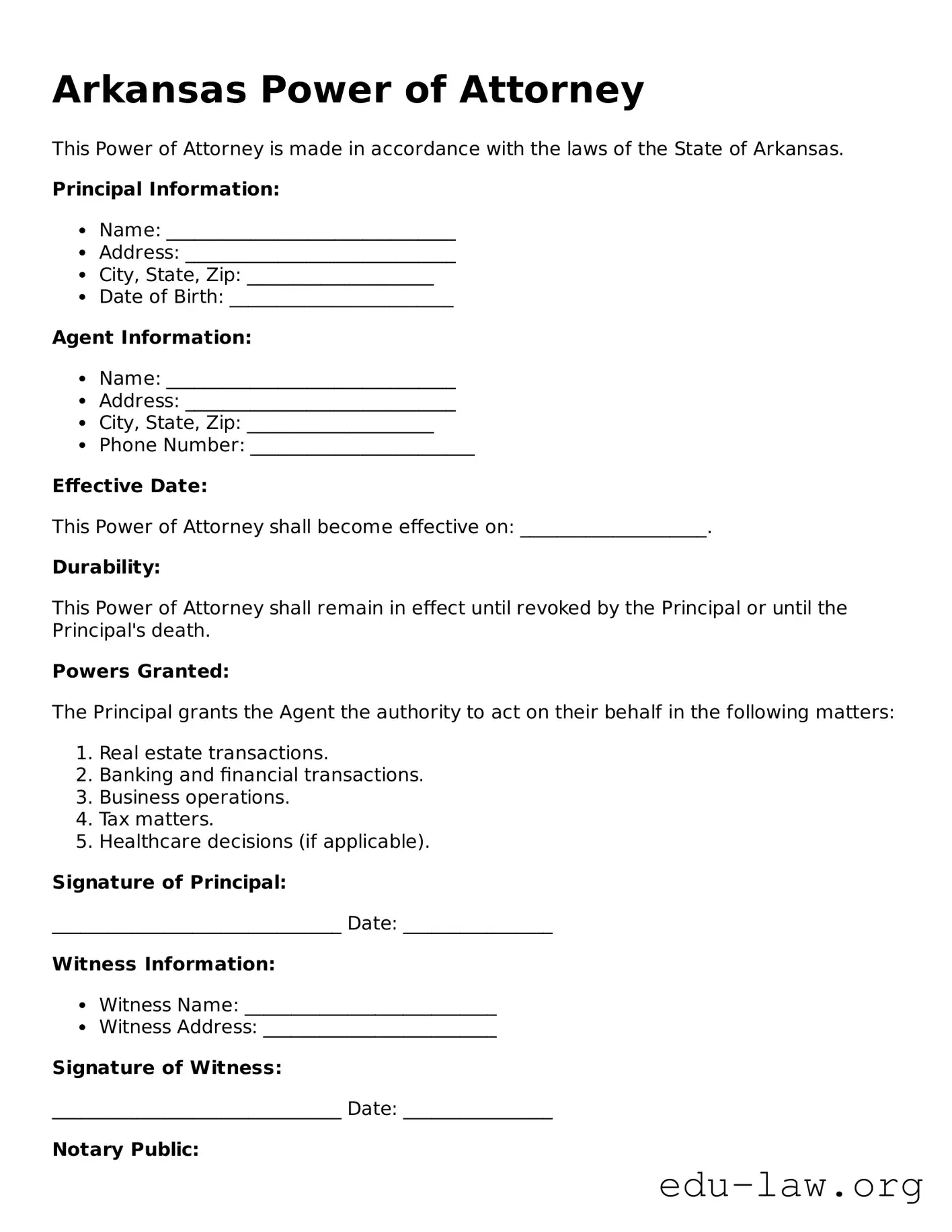 Legal  Power of Attorney Template for Arkansas