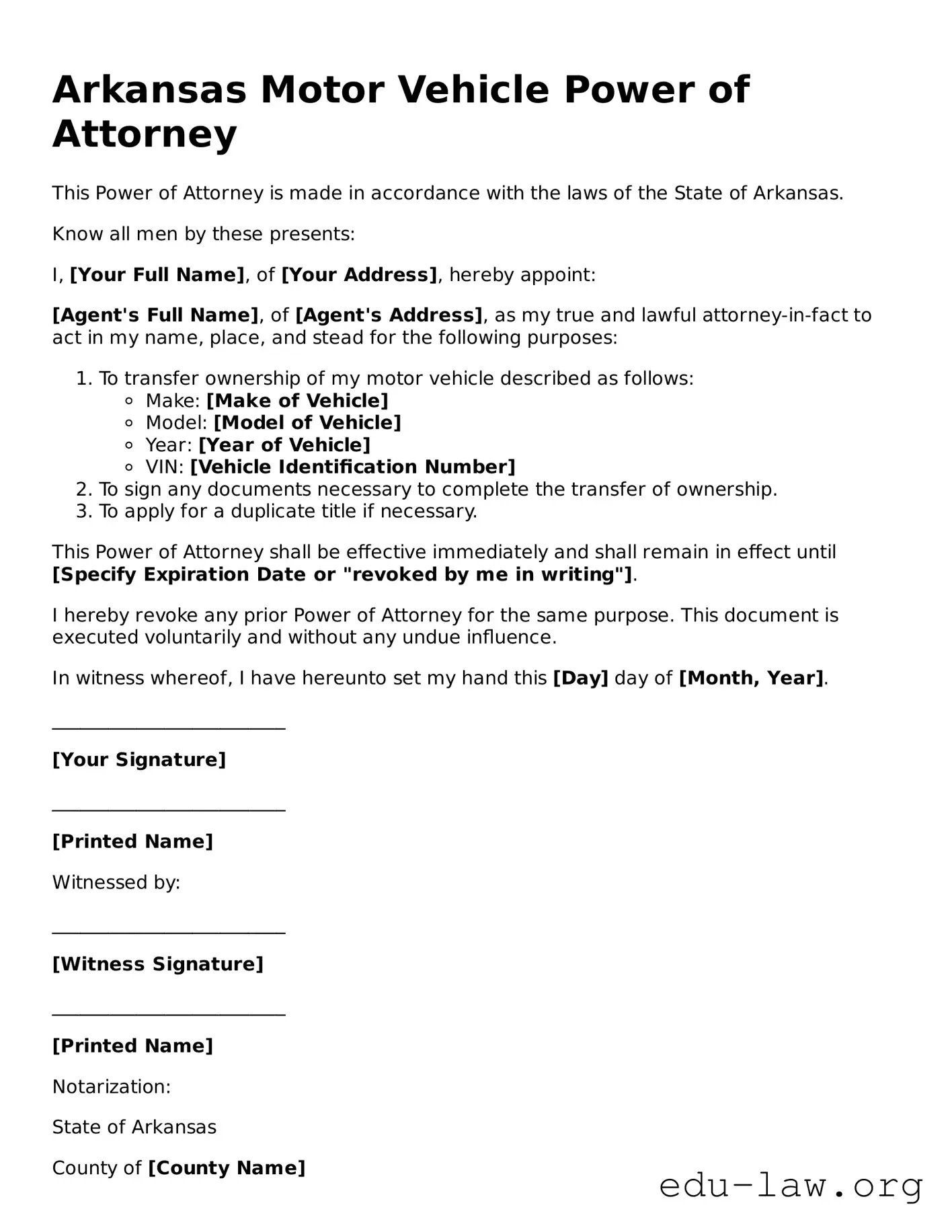 Legal  Motor Vehicle Power of Attorney Template for Arkansas