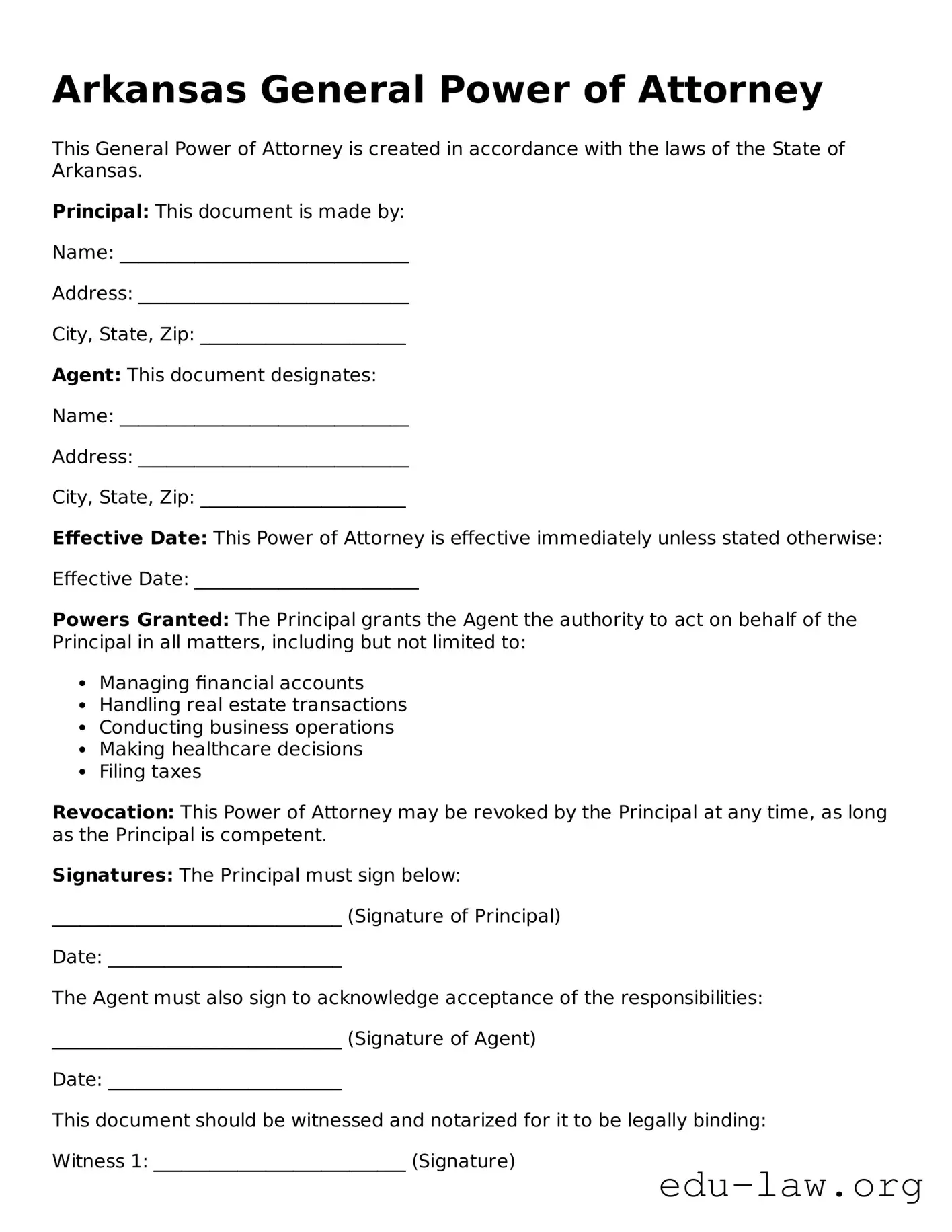 Legal  General Power of Attorney Template for Arkansas