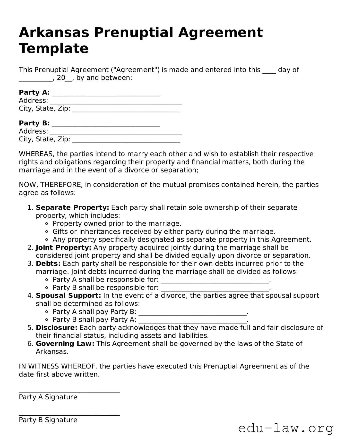 Legal  Prenuptial Agreement Template for Arkansas