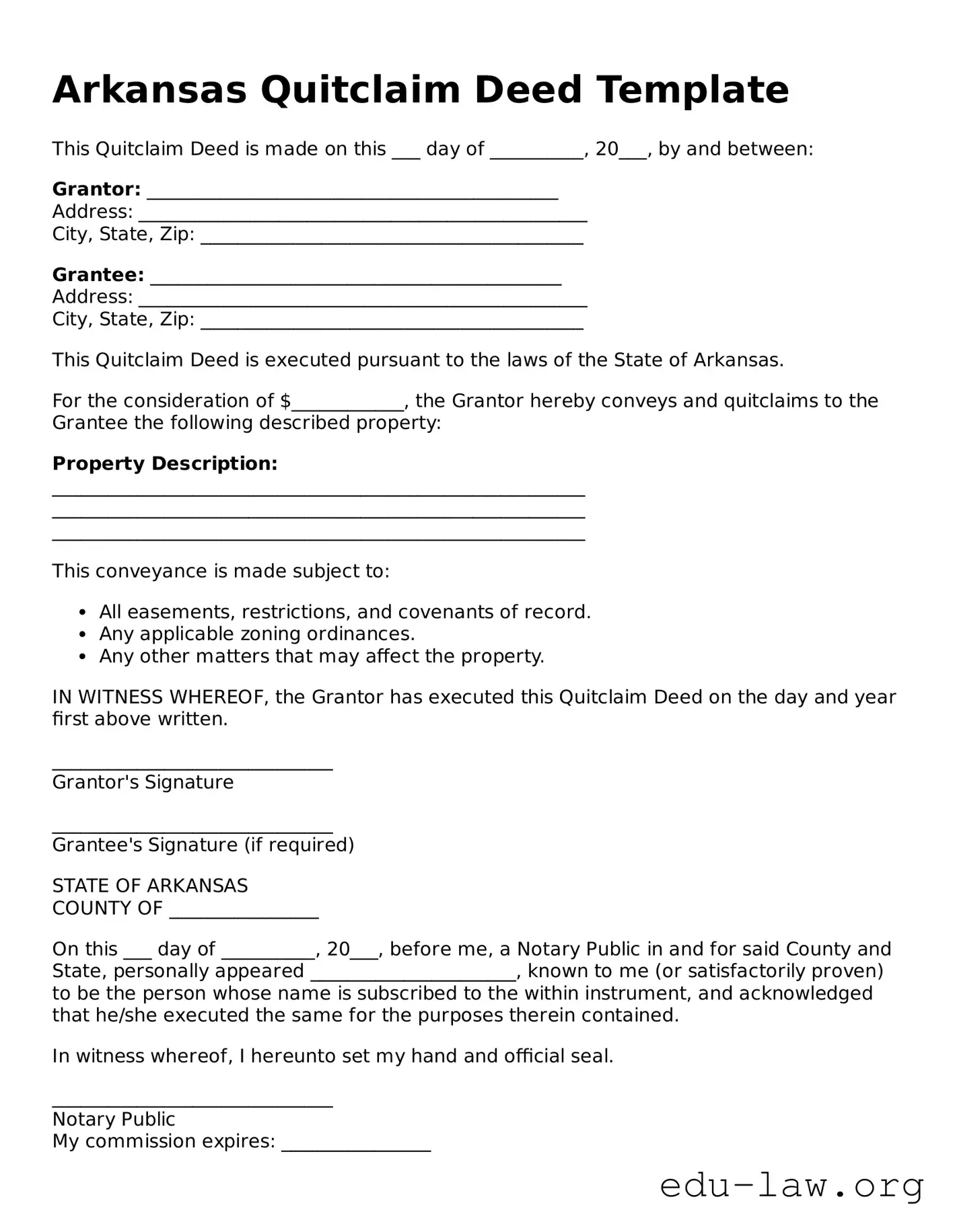 Legal  Quitclaim Deed Template for Arkansas