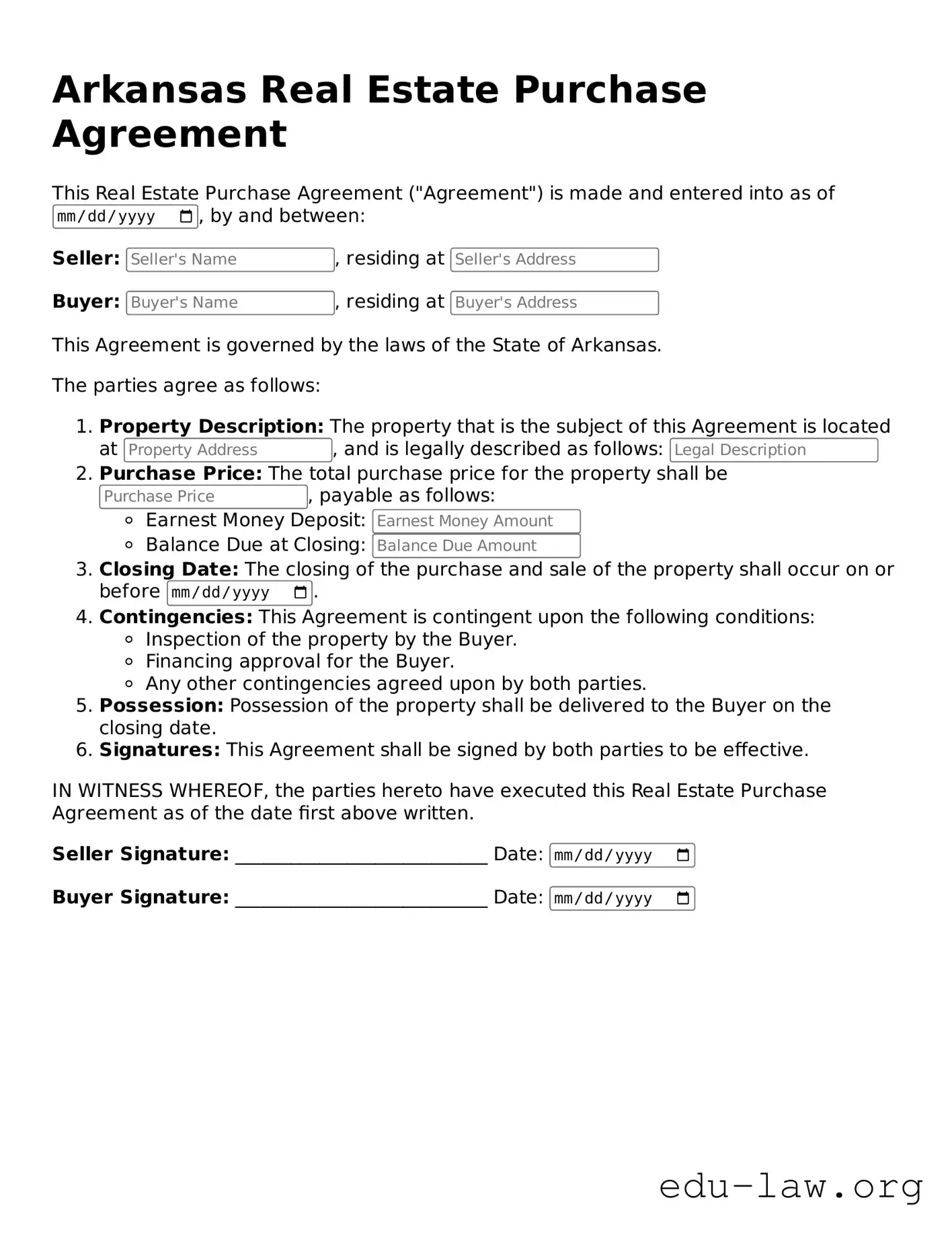 Legal  Real Estate Purchase Agreement Template for Arkansas