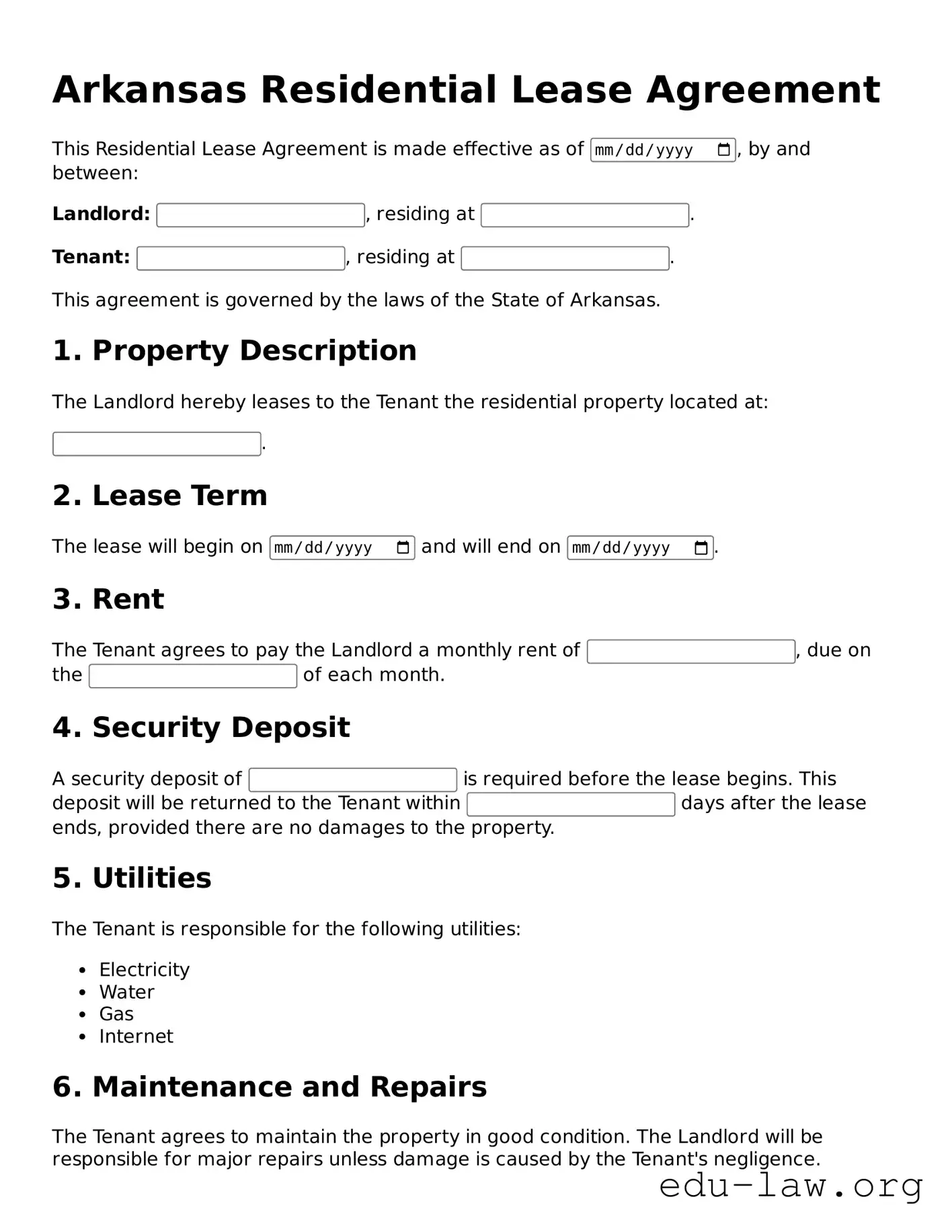 Legal  Residential Lease Agreement Template for Arkansas
