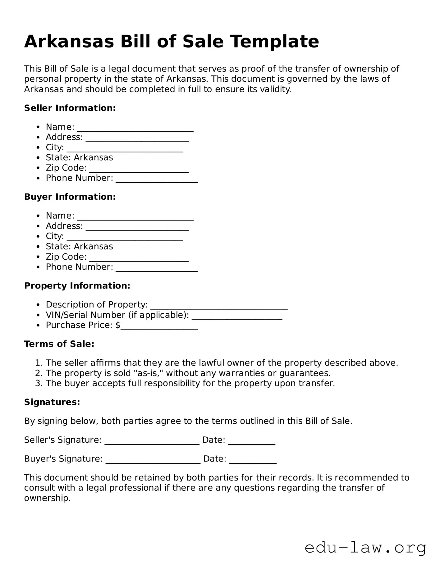 Legal  Bill of Sale Template for Arkansas