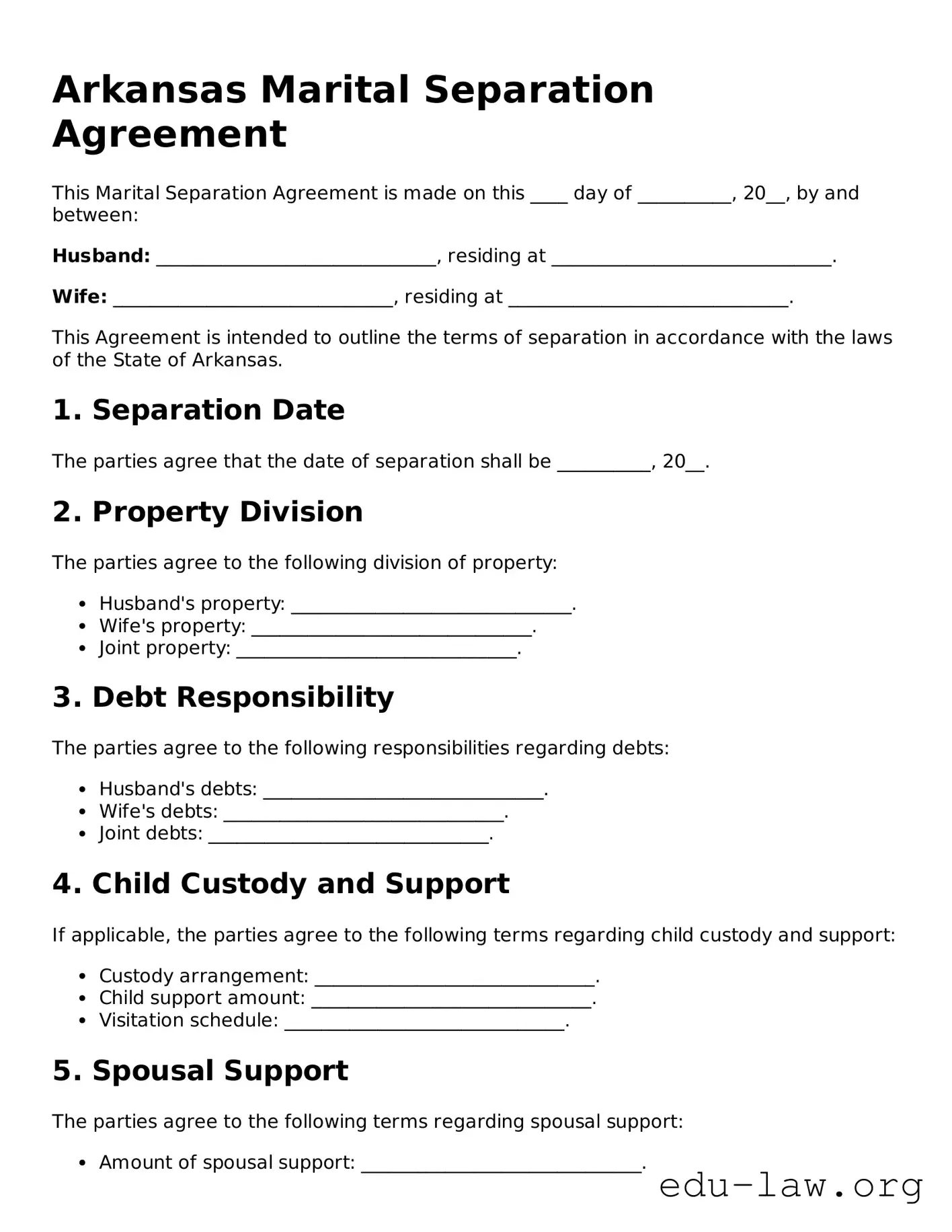 Legal  Marital Separation Agreement Template for Arkansas