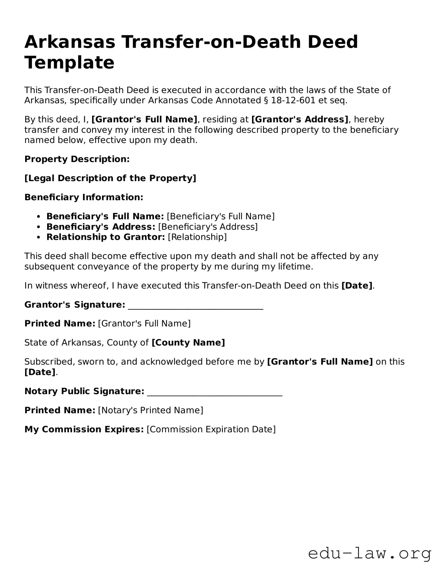 Legal  Transfer-on-Death Deed Template for Arkansas