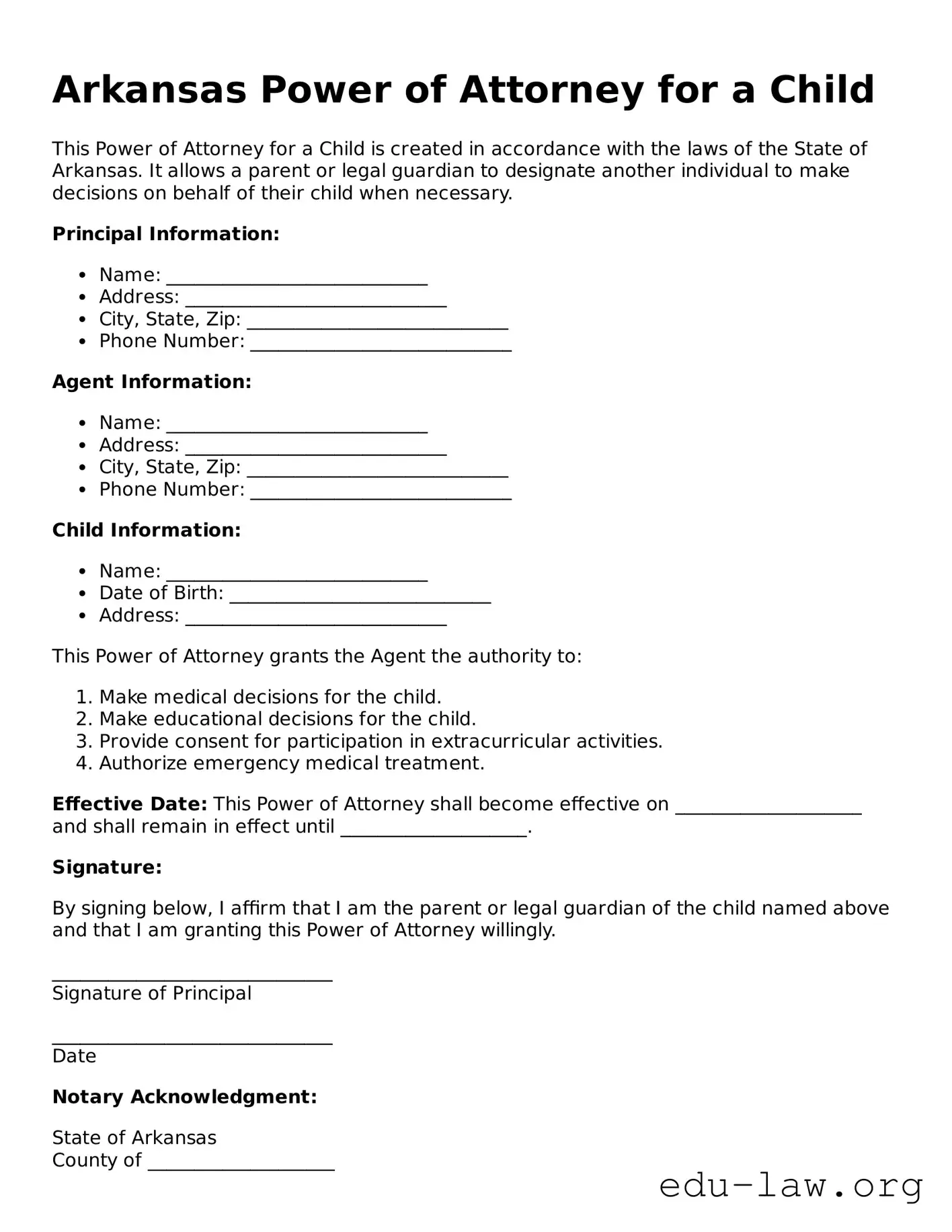 Legal  Power of Attorney for a Child Template for Arkansas