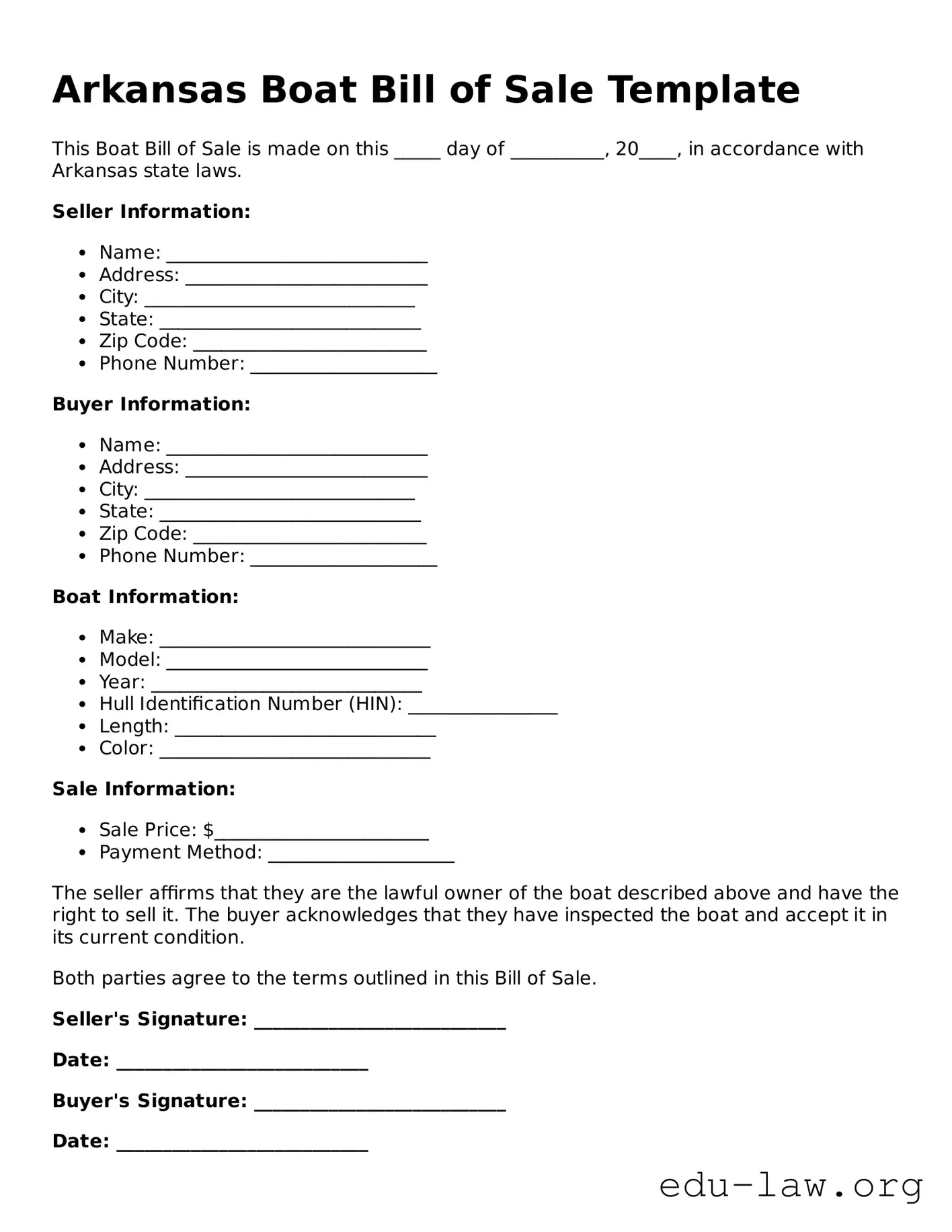 Legal  Boat Bill of Sale Template for Arkansas