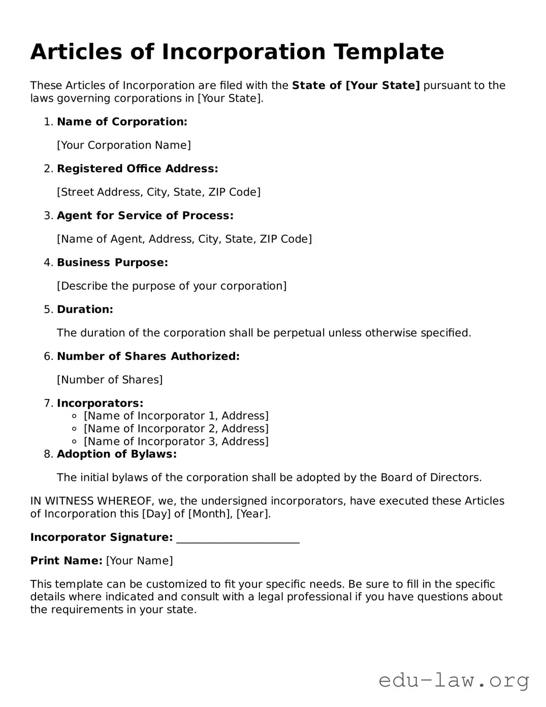 Articles of Incorporation Template