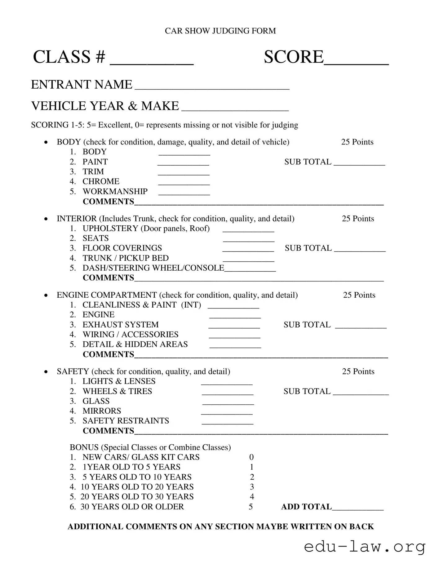 Fill in Your Car Show Judging Template