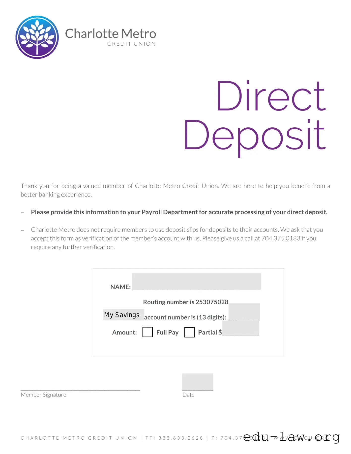 Fill in Your Charlotte Metro Credit Union Direct Deposit Template