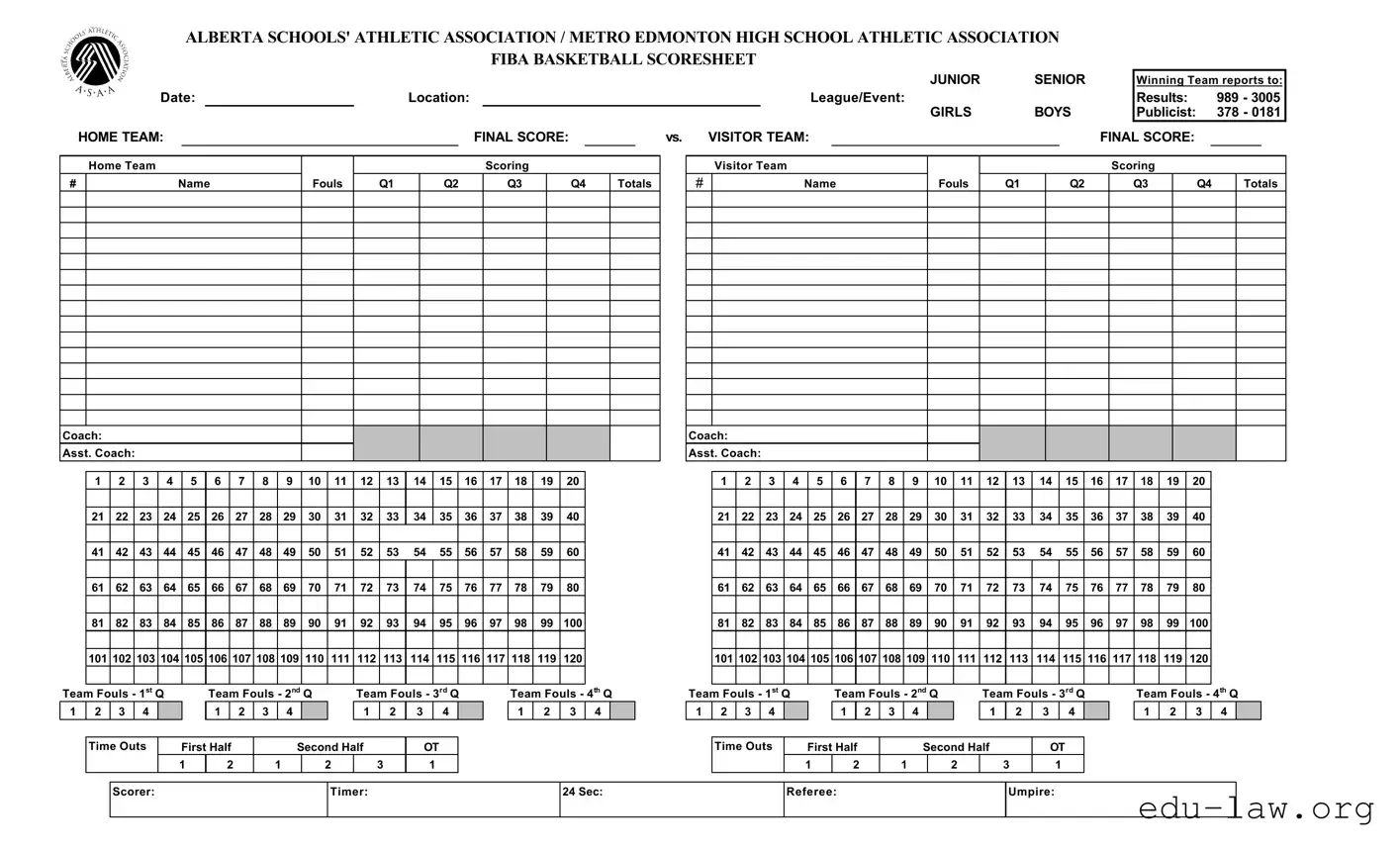 Fill in Your Basketball Scoresheet Template