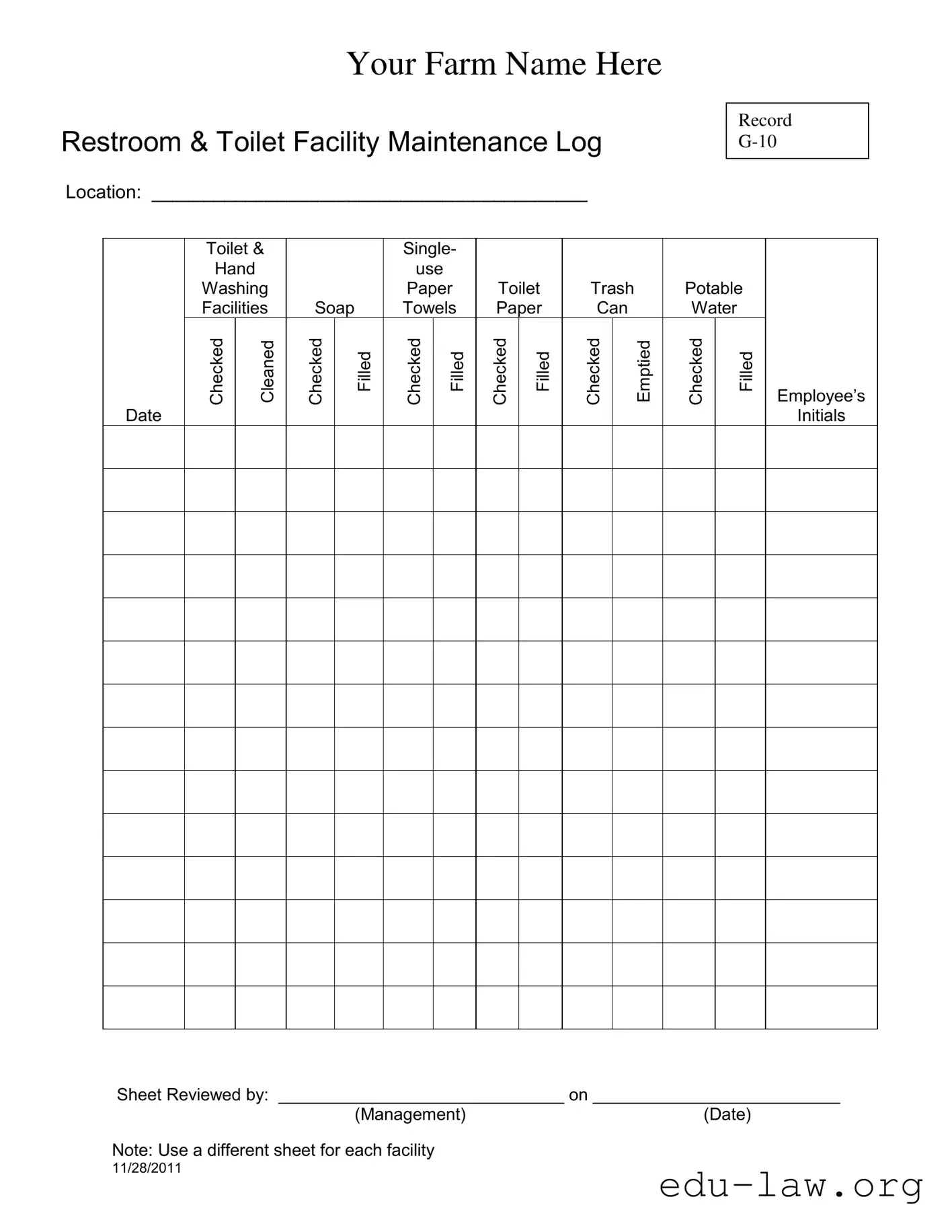 Fill in Your Bathroom Cleaning Log Sheet Template