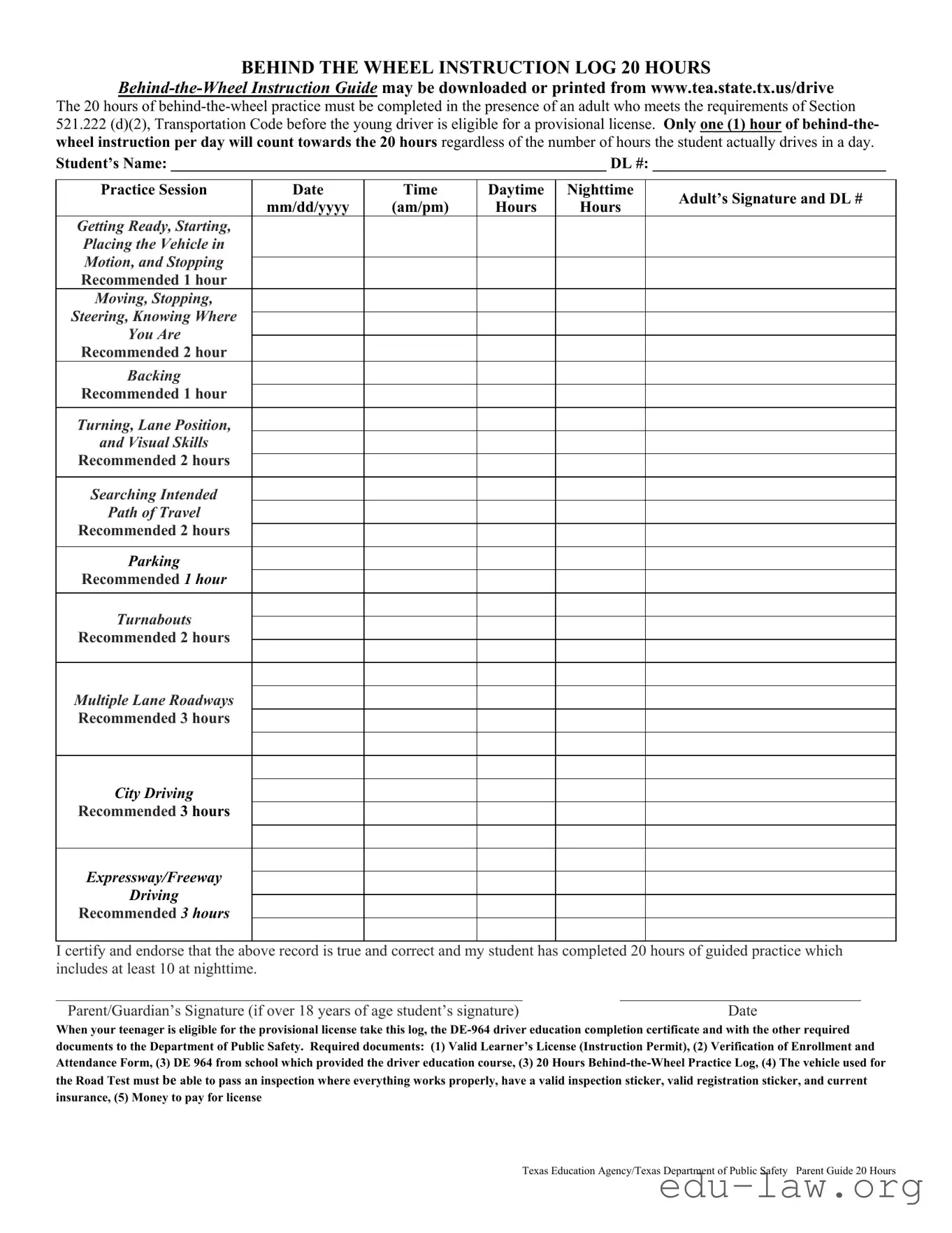 Fill in Your Texas Dps Driving Log Template
