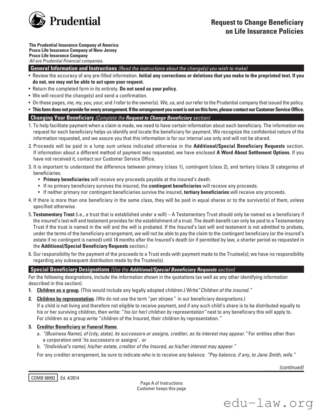 Fill in Your Prudential Change Beneficiary Template