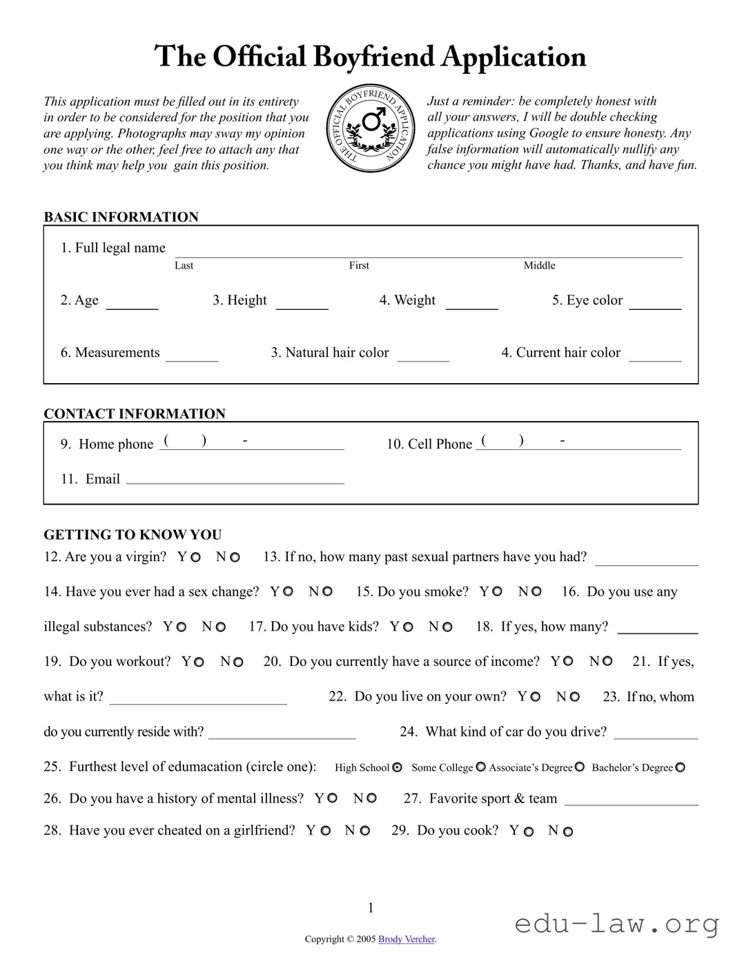 Fill in Your Boyfriend application form Template