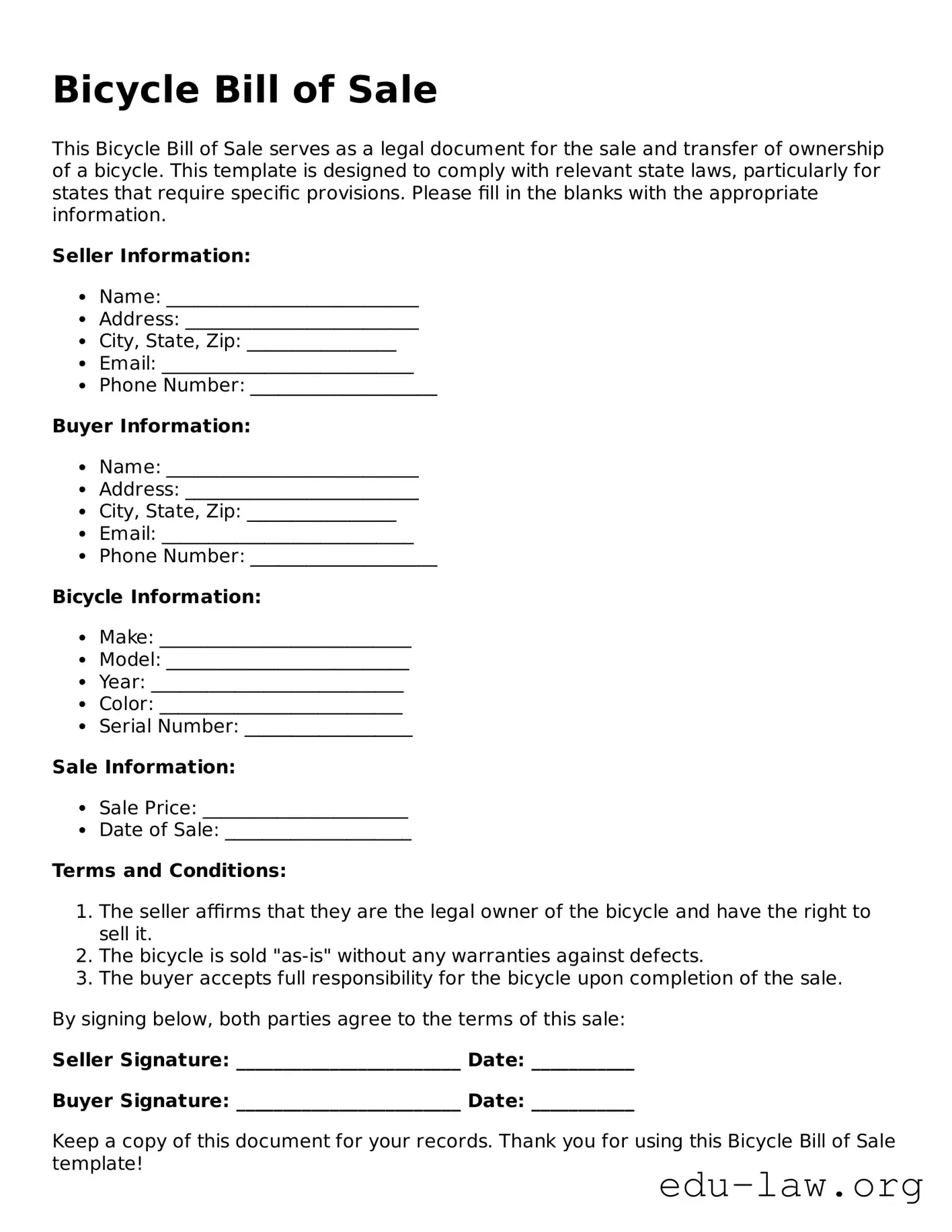 Bicycle Bill of Sale Template