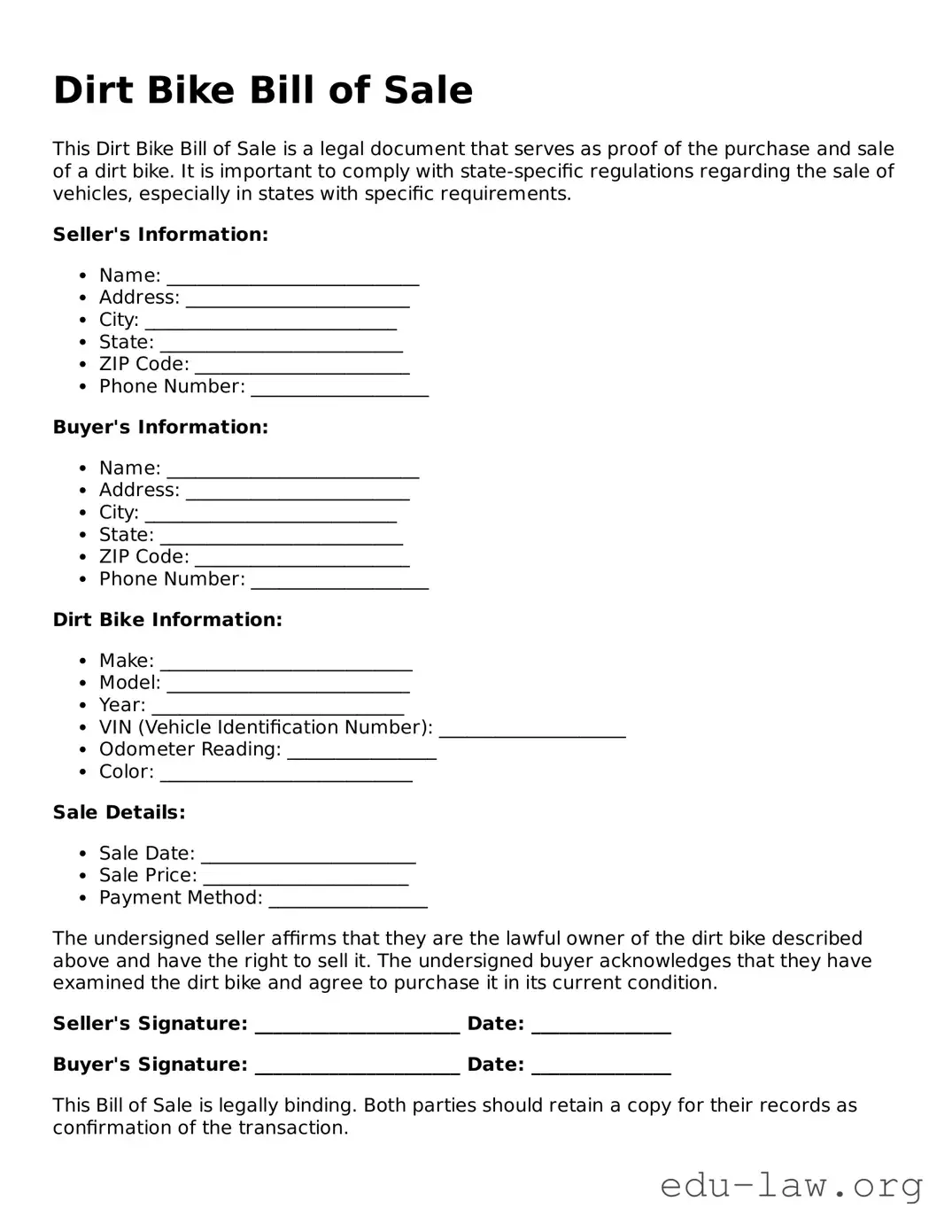 Dirt Bike Bill of Sale Template
