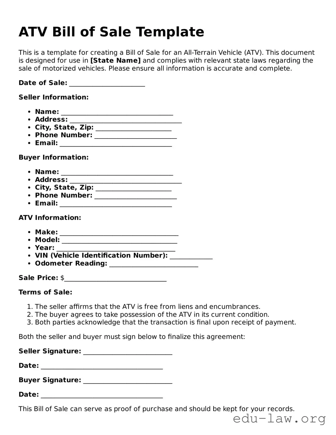 ATV Bill of Sale Template