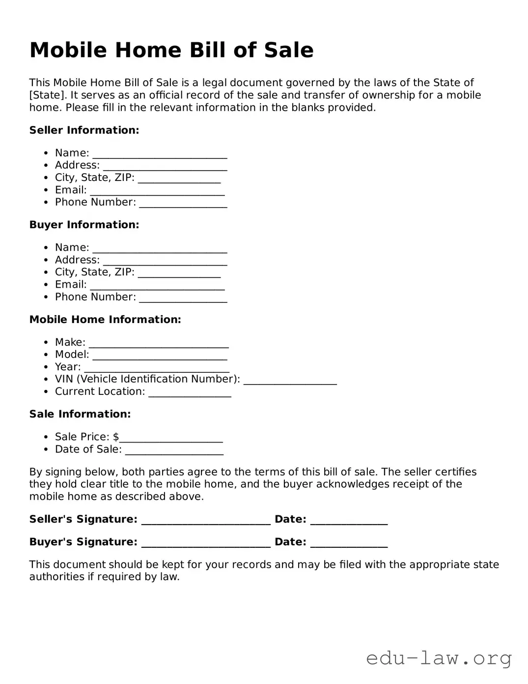 Mobile Home Bill of Sale Template