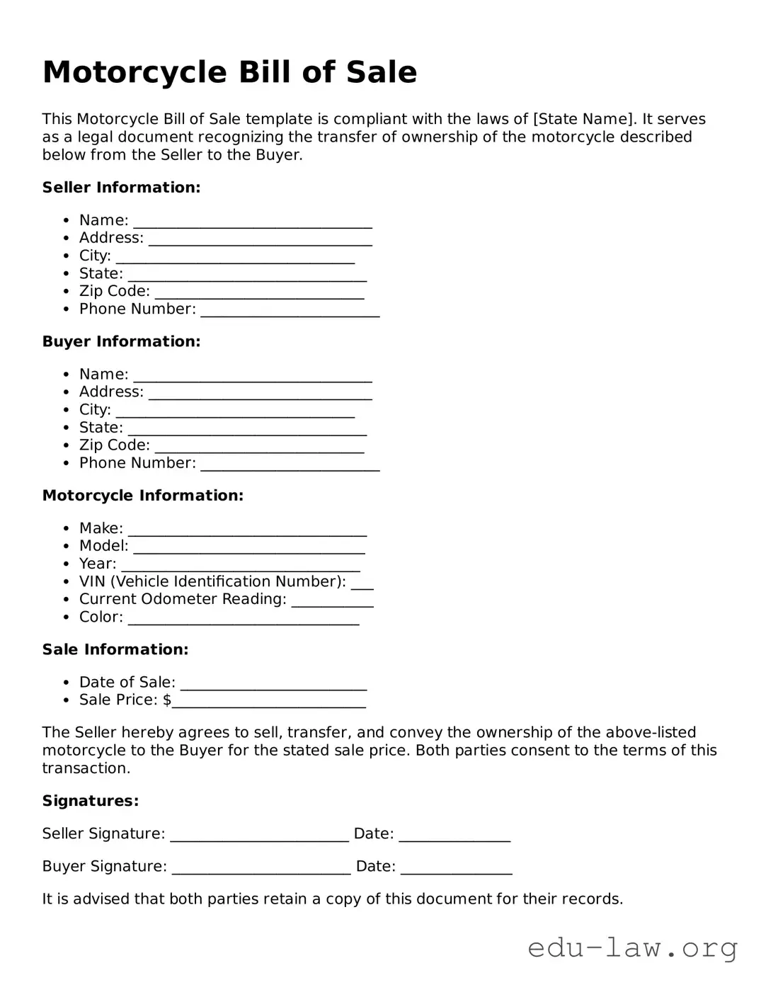 Motorcycle Bill of Sale Template