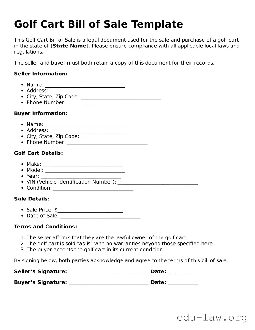 Golf Cart Bill of Sale Template