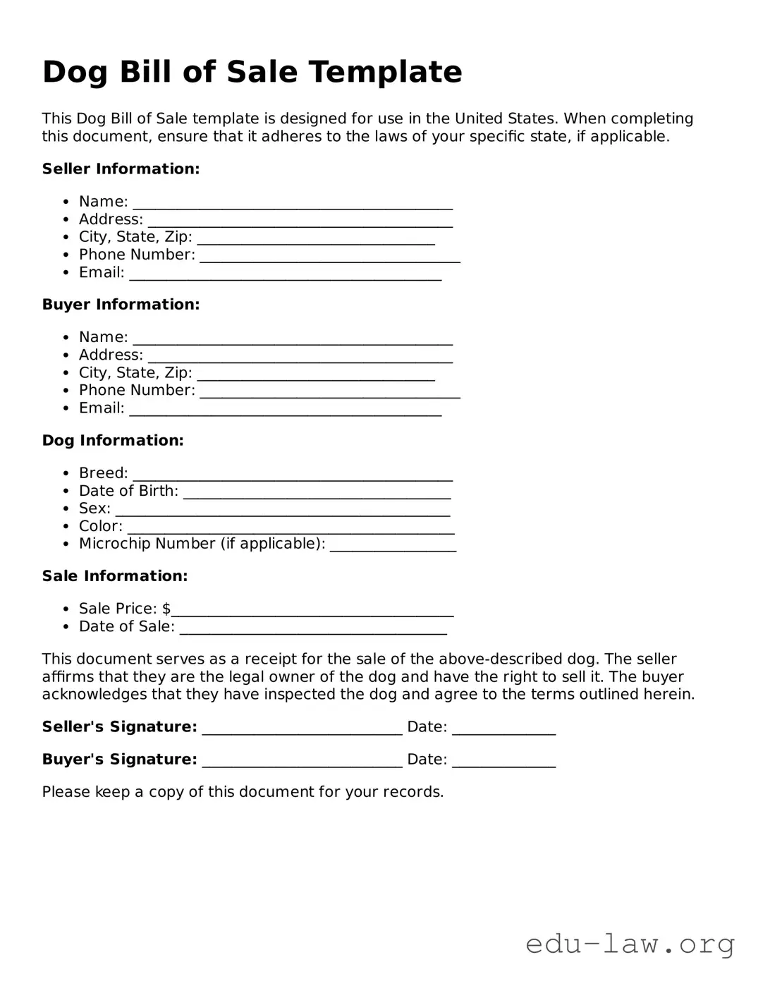 Dog Bill of Sale Template