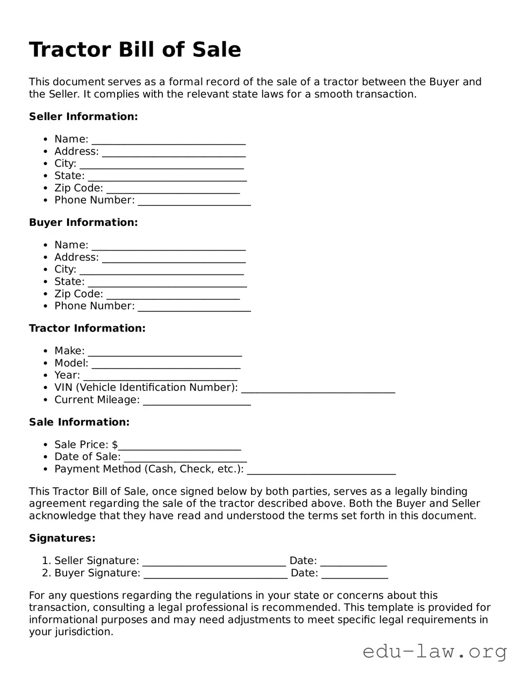 Tractor Bill of Sale Template