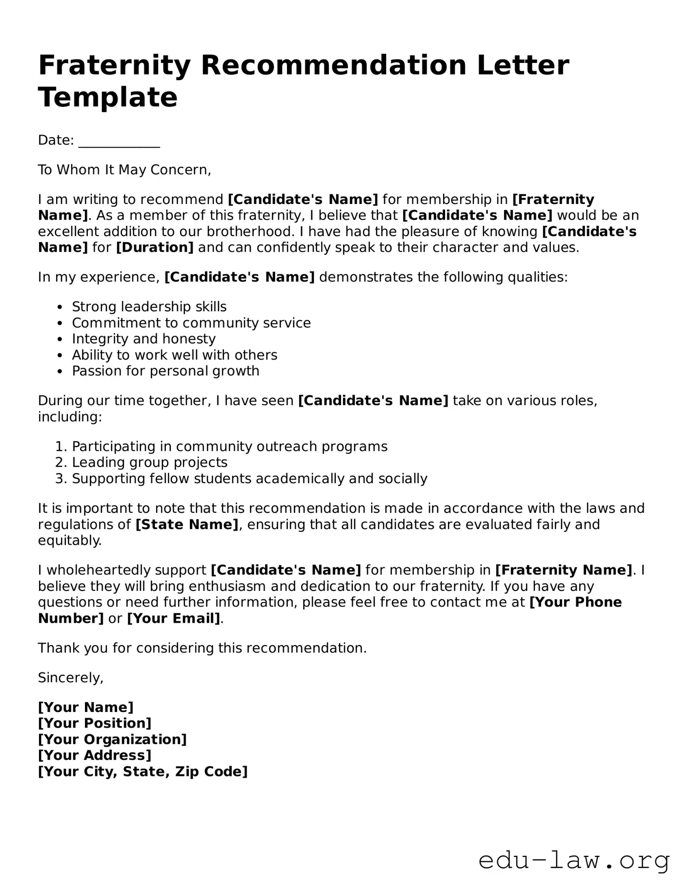 Fraternity Recommendation Letter Template