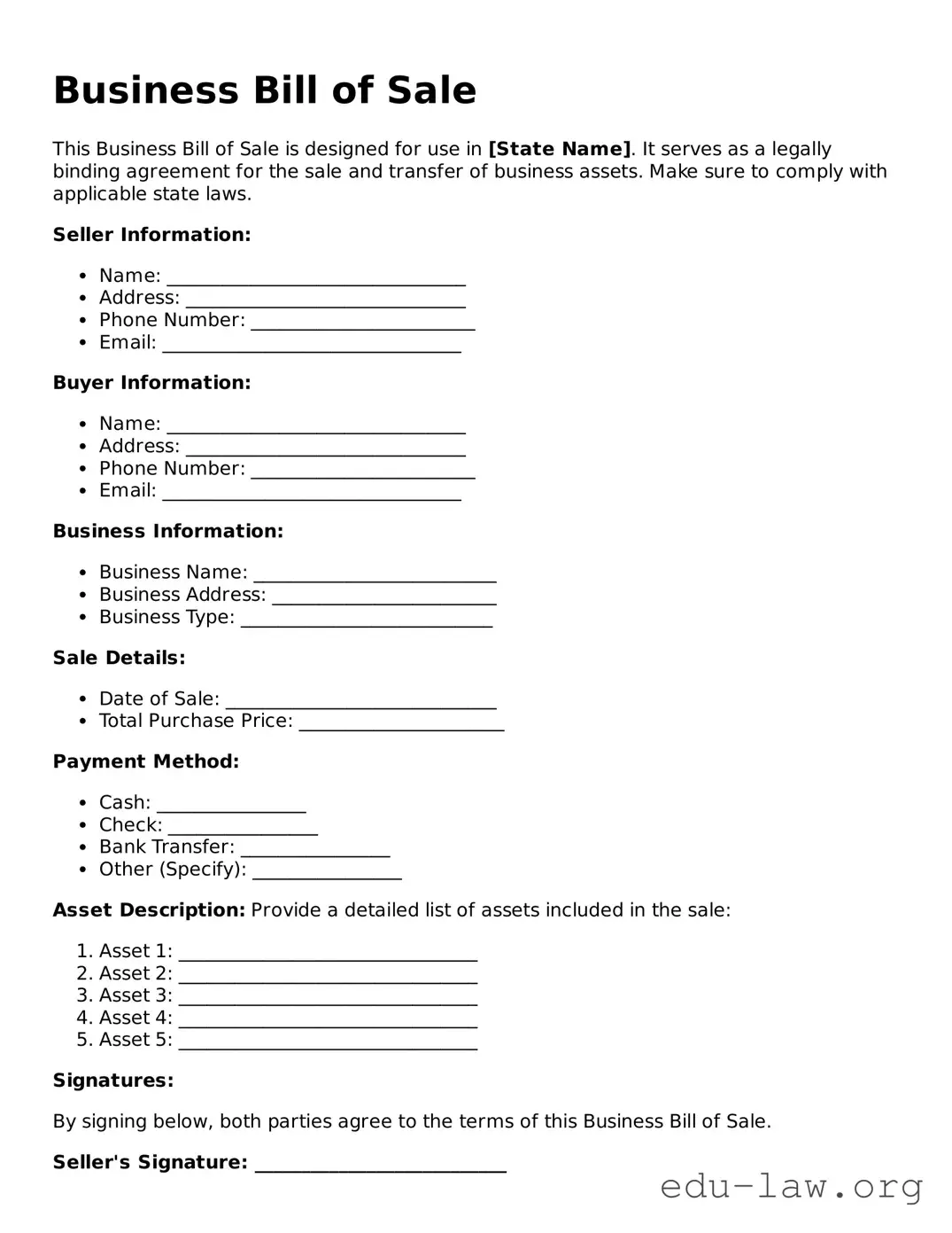 Business Bill of Sale Template