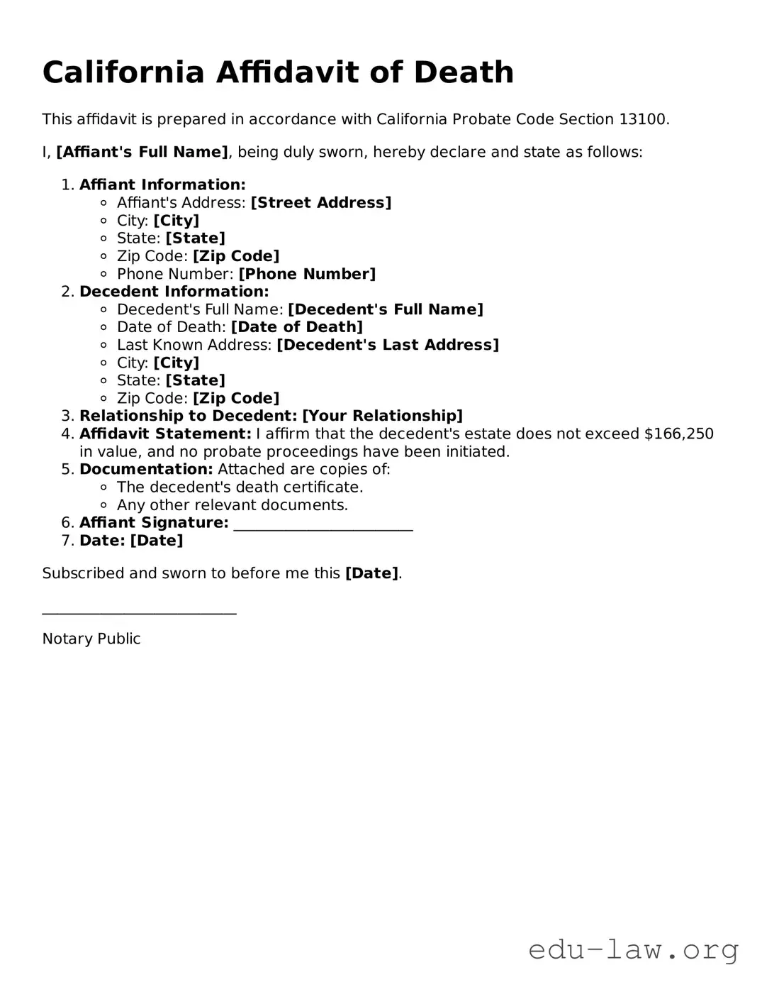 Legal  Affidavit of Death Template for California