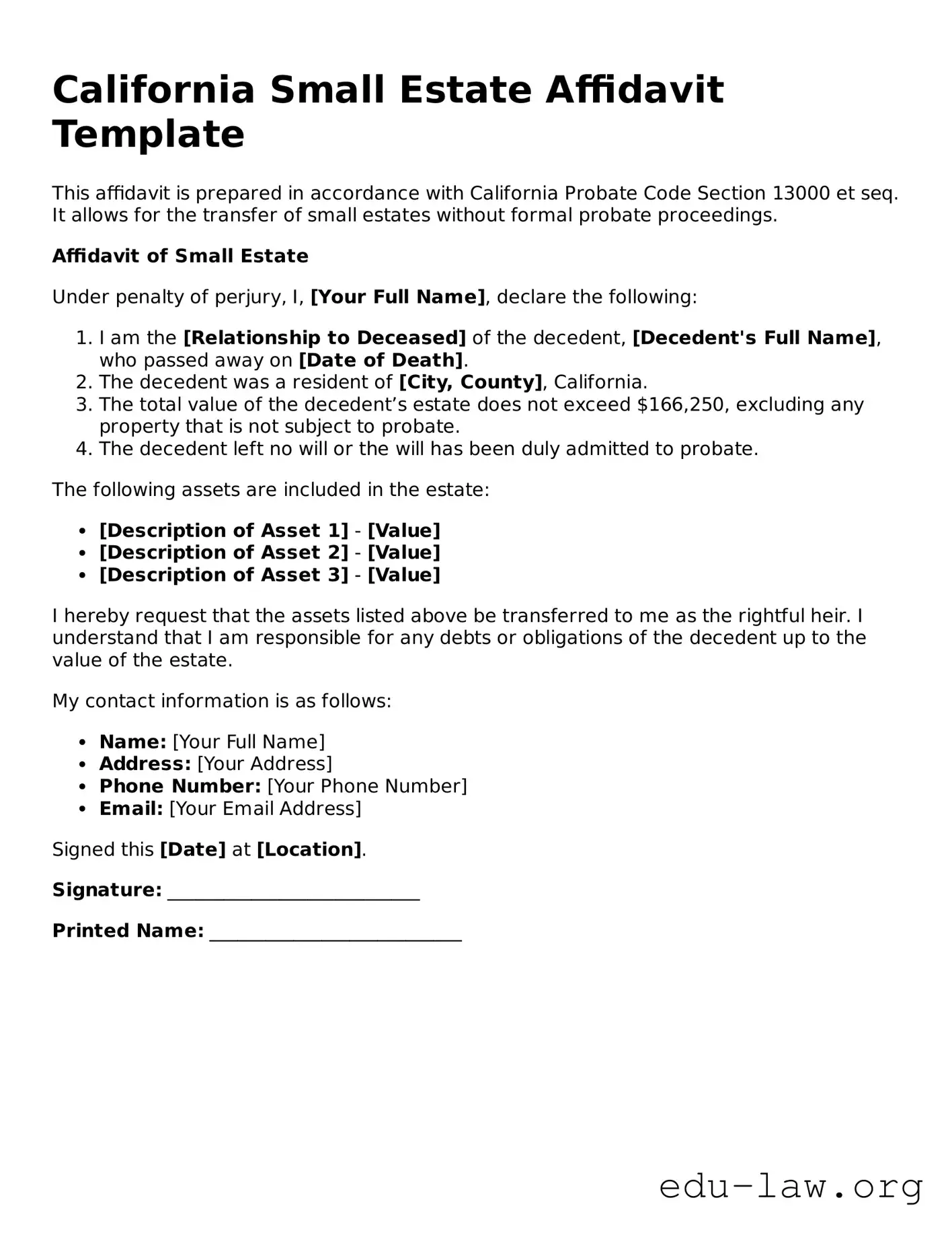 Legal  Small Estate Affidavit Template for California