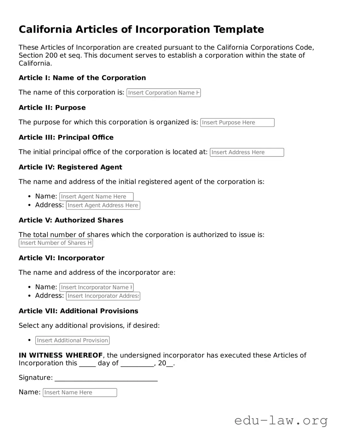 Legal  Articles of Incorporation Template for California