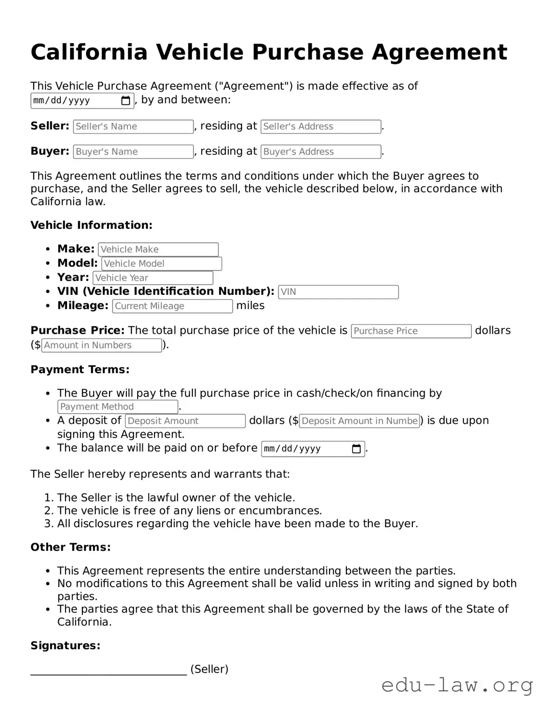 Legal  Vehicle Purchase Agreement Template for California