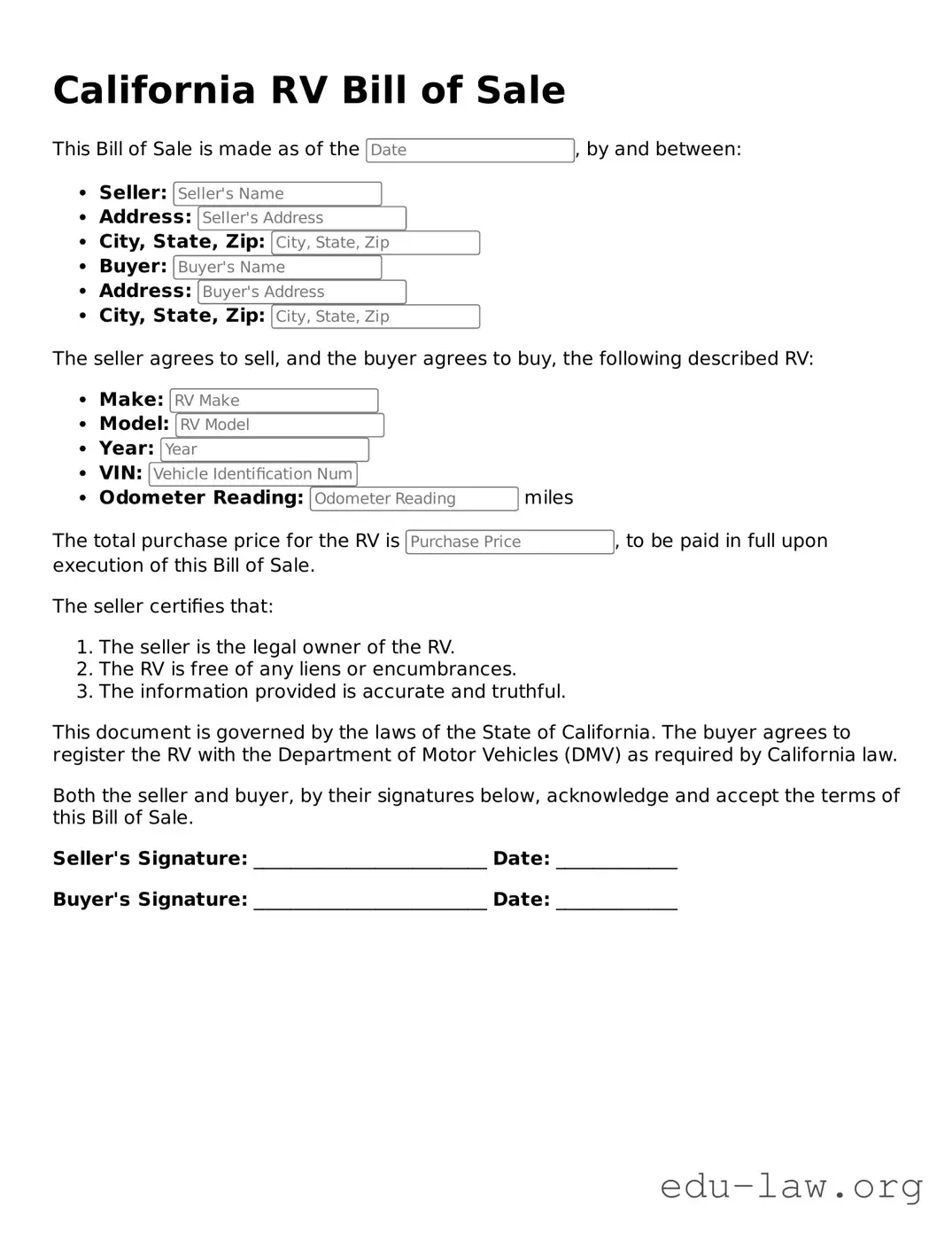 Legal  RV Bill of Sale Template for California
