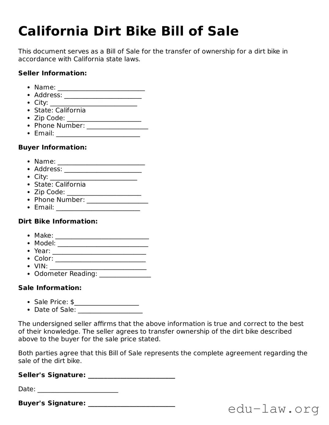 Legal  Dirt Bike Bill of Sale Template for California