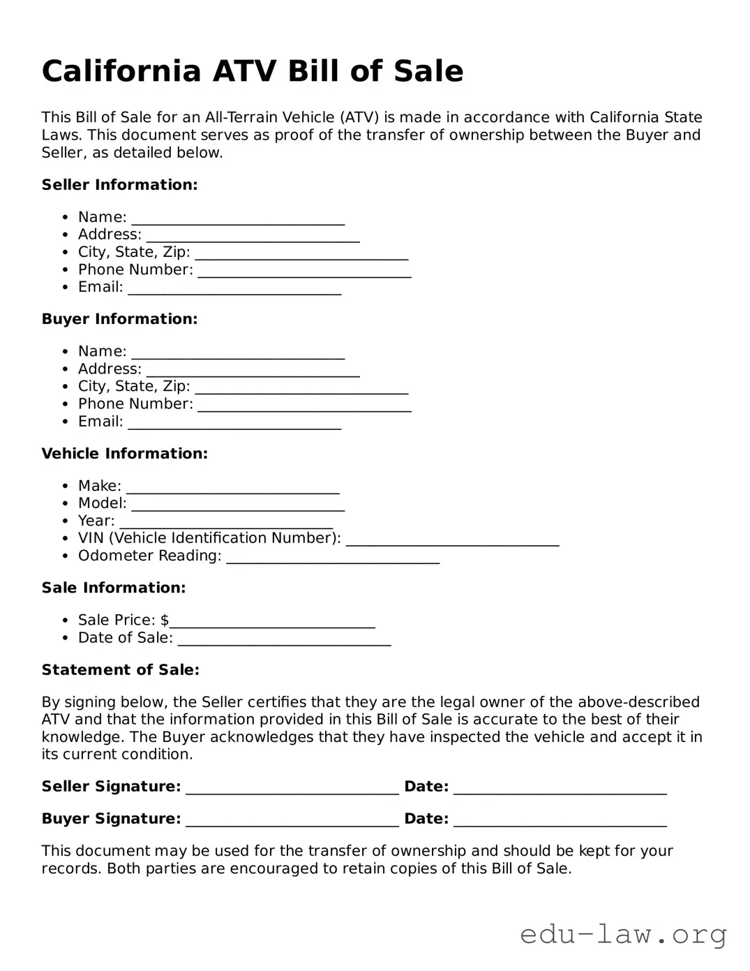 Legal  ATV Bill of Sale Template for California