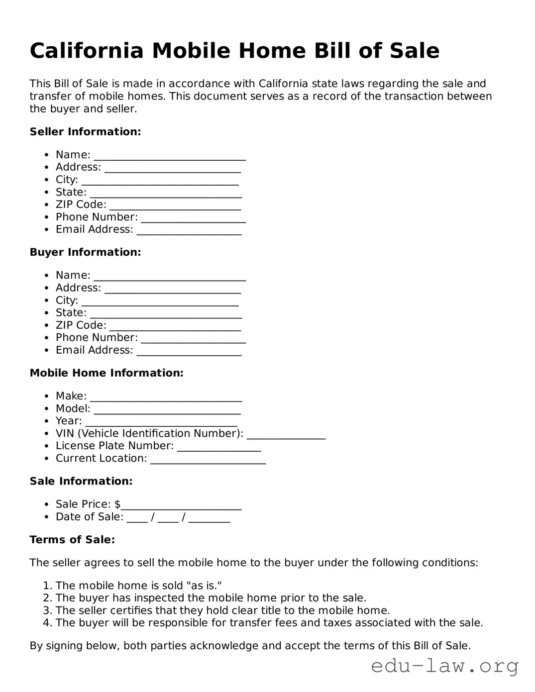 Legal  Mobile Home Bill of Sale Template for California