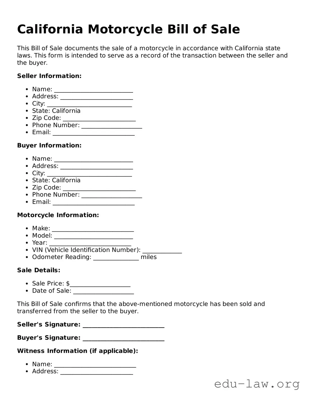 Legal  Motorcycle Bill of Sale Template for California