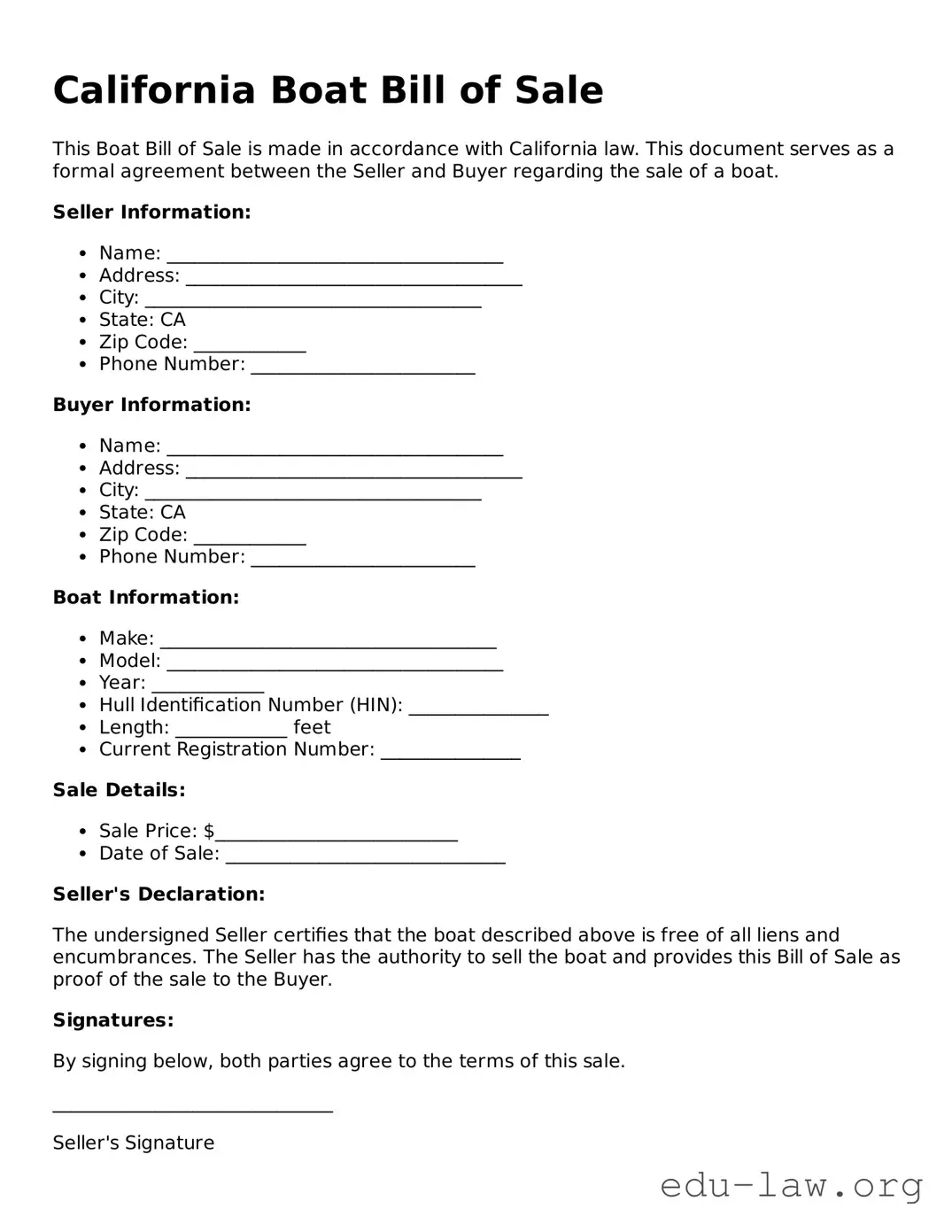 Legal  Boat Bill of Sale Template for California